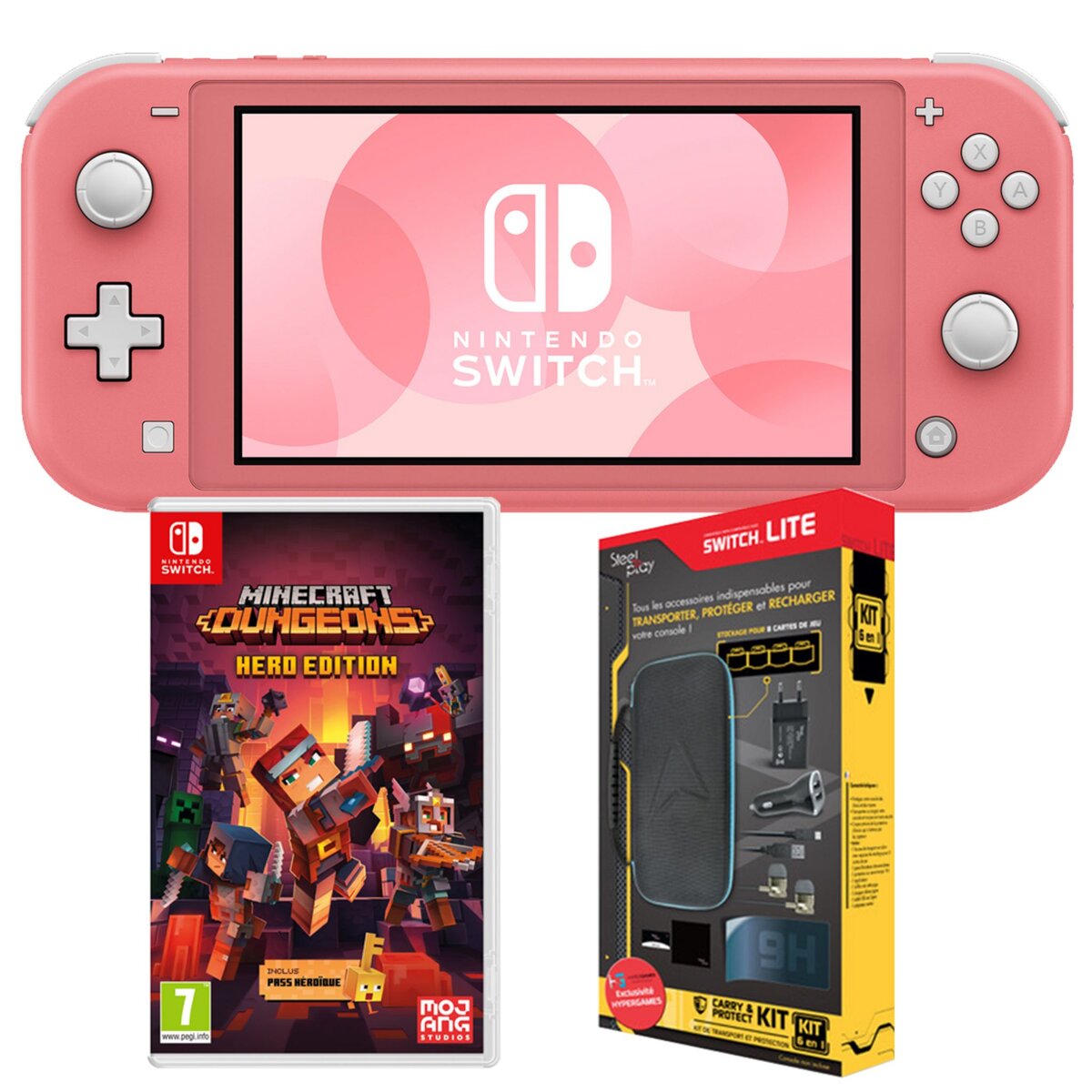 NINTENDO EXCLU WEB Console Nintendo Switch Lite Corail + Minecraft Dungeons + Pack Exclu 6 Accessoires