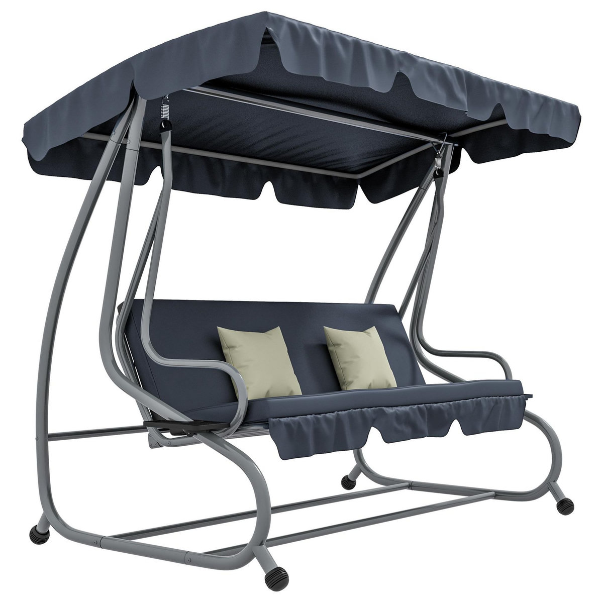 OUTSUNNY Balancelle de jardin 3 places convertible toit inclinaison réglable 2 tablettes support coussins acier polyester gris