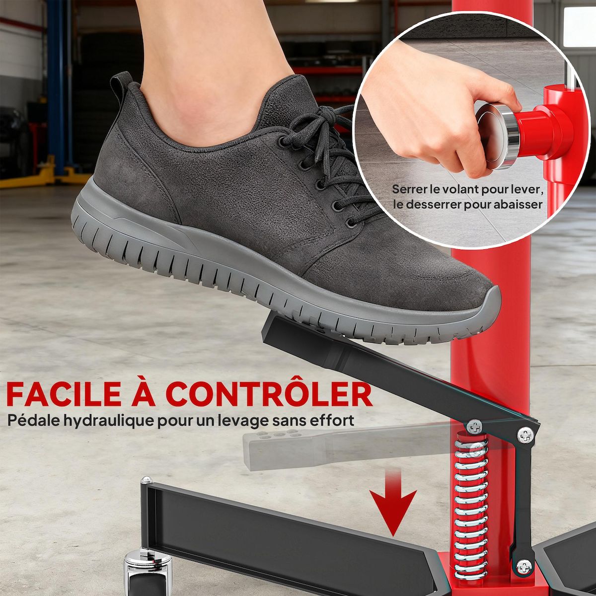 HOMCOM Vérin de fosse hydraulique acier 500 Kg hauteur réglable 110–191,5 cm 4 roues pivotantes rouge noir