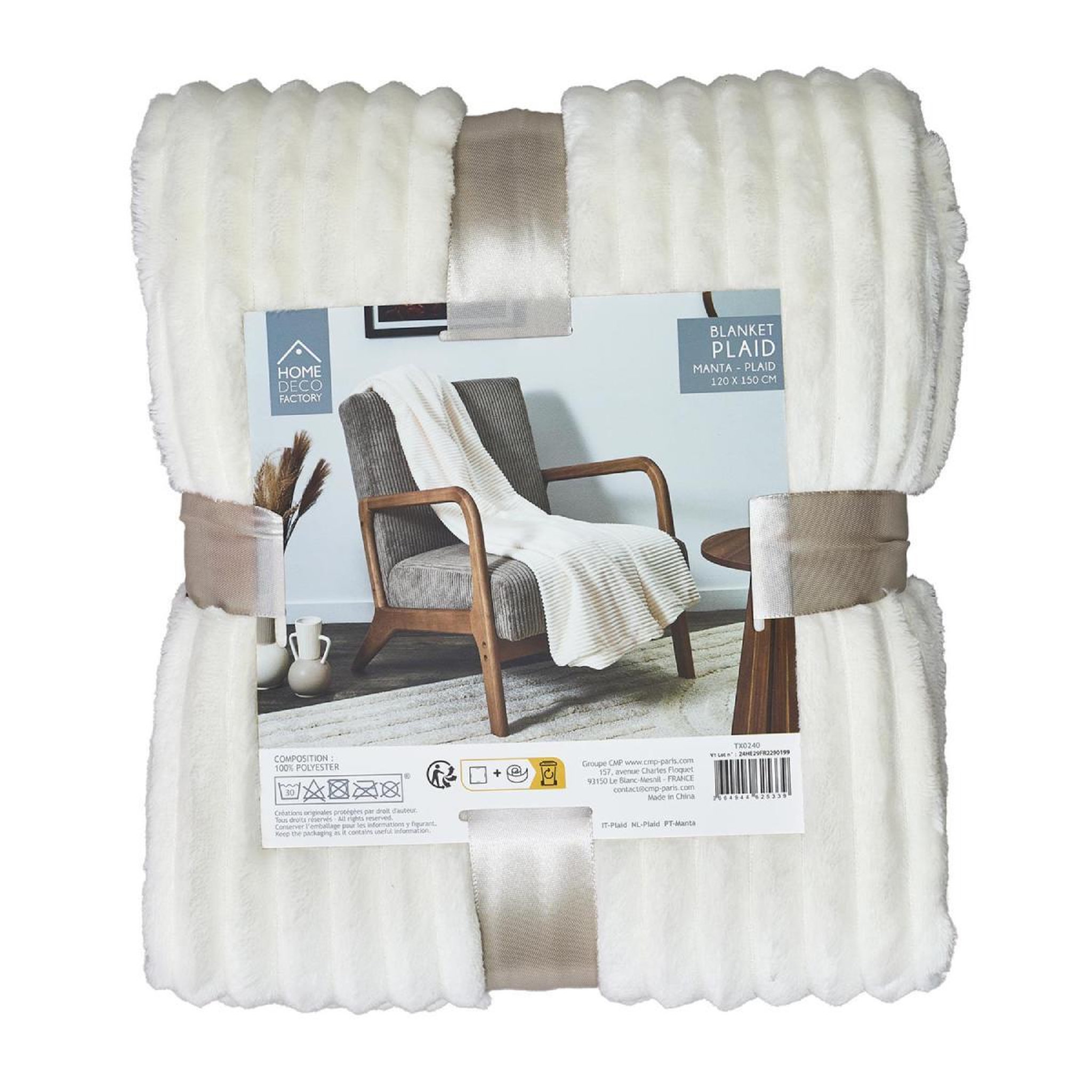 Voir la diapositive 2 : The Home Deco Factory Plaid en flanelle  grosse côtes  120x150cm blanc
