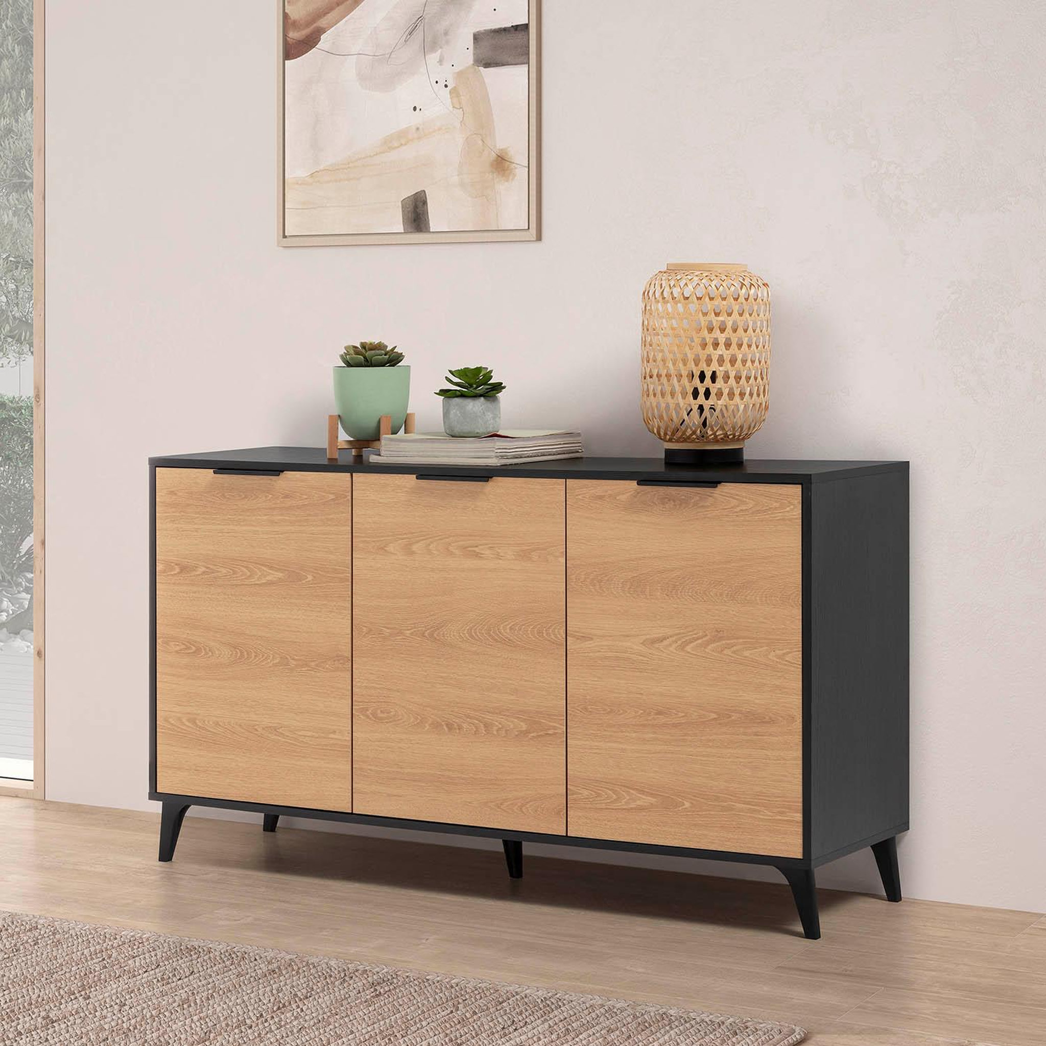 Voir la diapositive 5 : VS VENTA-STOCK Buffet Kalma 3 portes en noir/chêne, largeur 136 cm