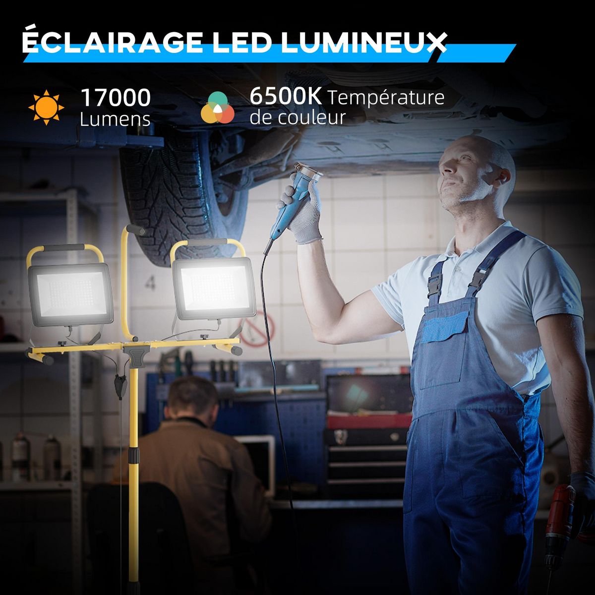 HOMCOM Projecteur de chantier sur trépied réglable orientable - 2 x 100W - 17000LM - étanche IP65 - métal jaune