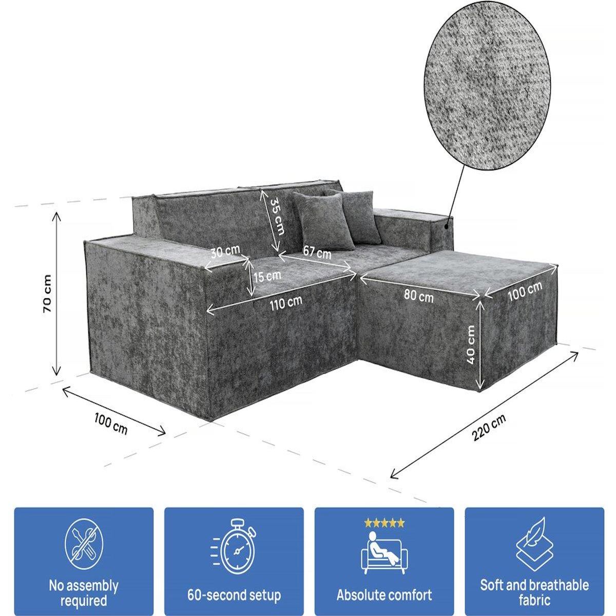 Habitat et Jardin Canapé droit modulable avec ottoman en tissu texturé  Lusso  - 3 places - Gris
