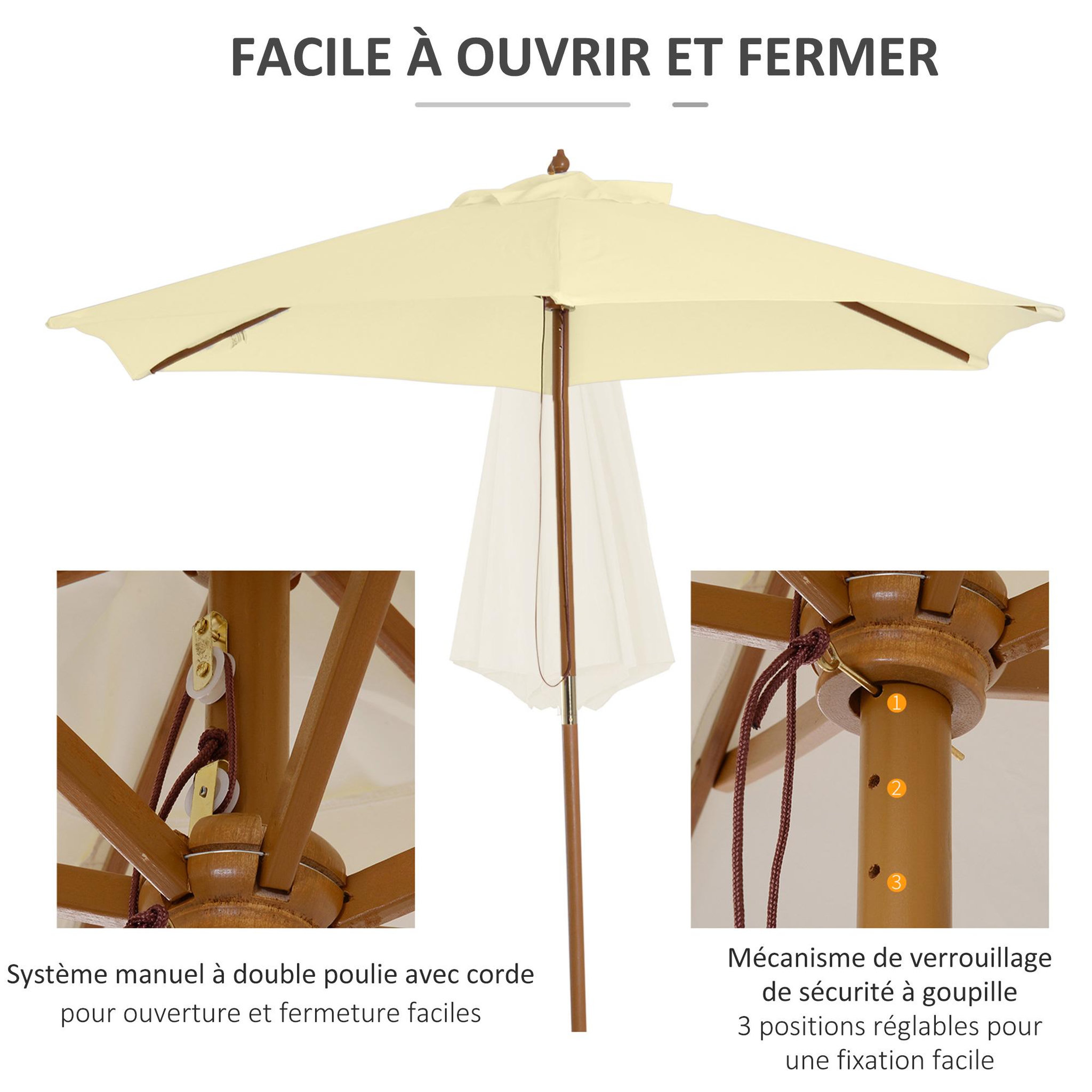 Voir la diapositive 5 : OUTSUNNY Outsunny Parasol droit hexagonal grande taille de jardin Ø 2,5 x 2,3H m bois de bambou crème