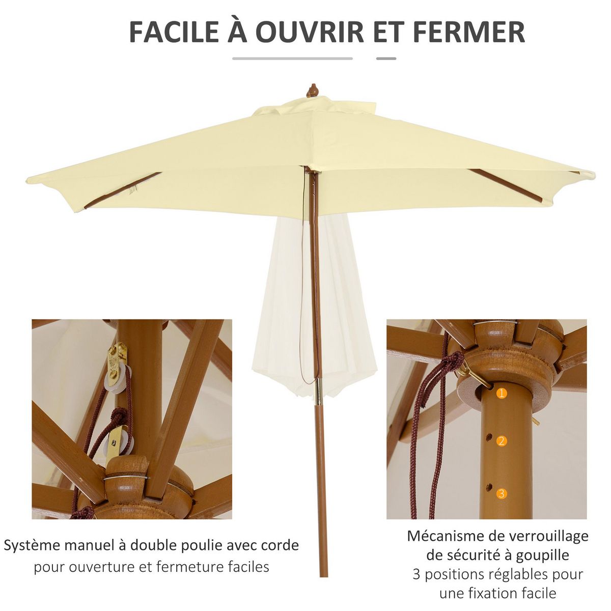OUTSUNNY Outsunny Parasol droit hexagonal grande taille de jardin Ø 2,5 x 2,3H m bois de bambou crème