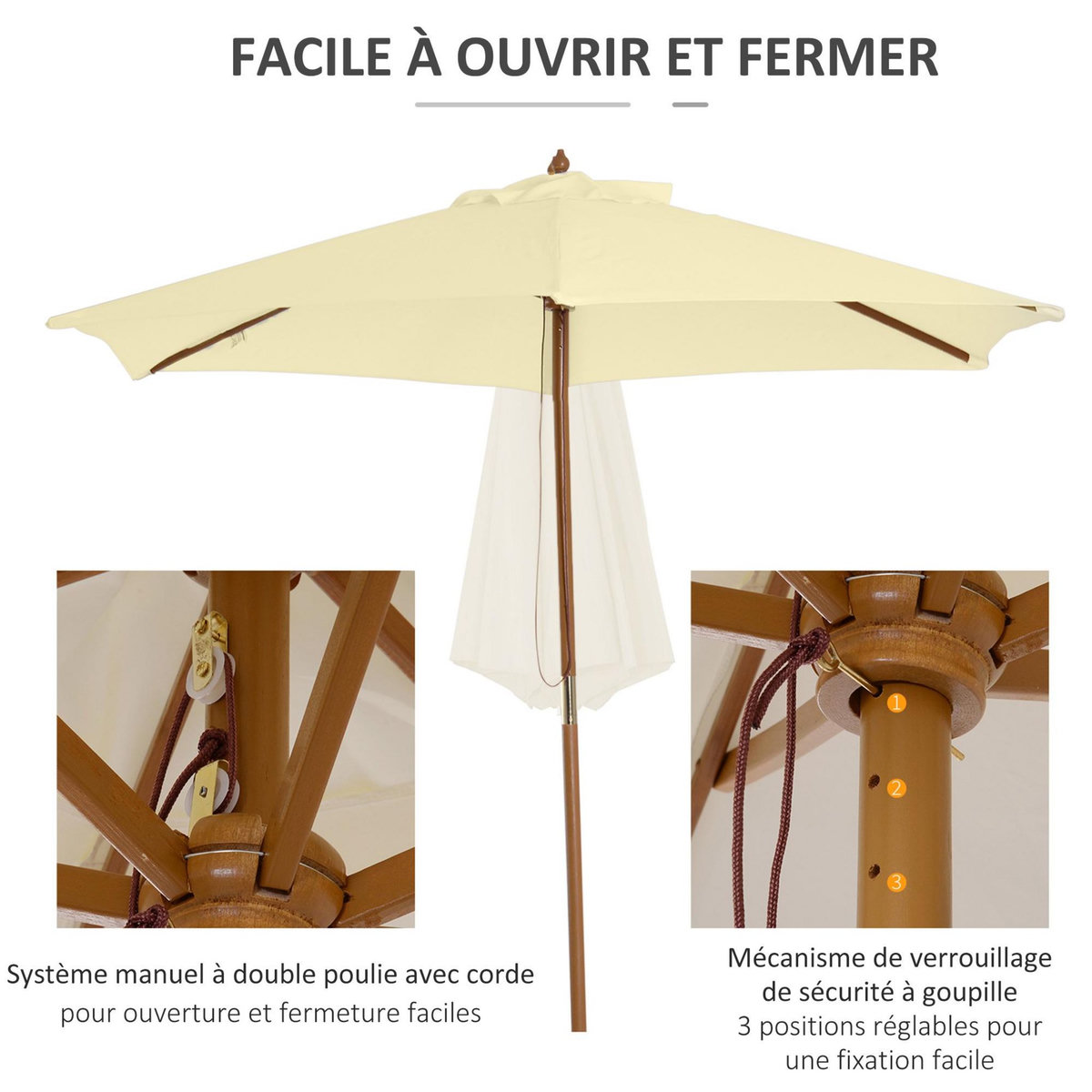OUTSUNNY Outsunny Parasol droit hexagonal grande taille de jardin Ø 2,5 x 2,3H m bois de bambou crème