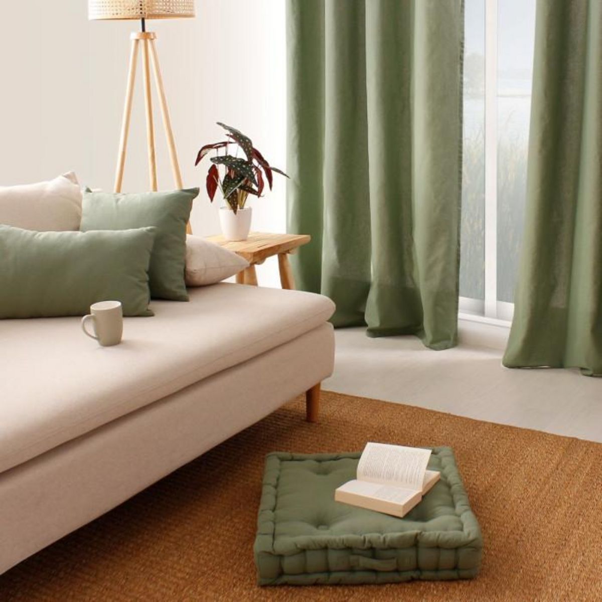 Paris Prix Coussin de Sol Uni  Panama  50x50cm Vert Argile