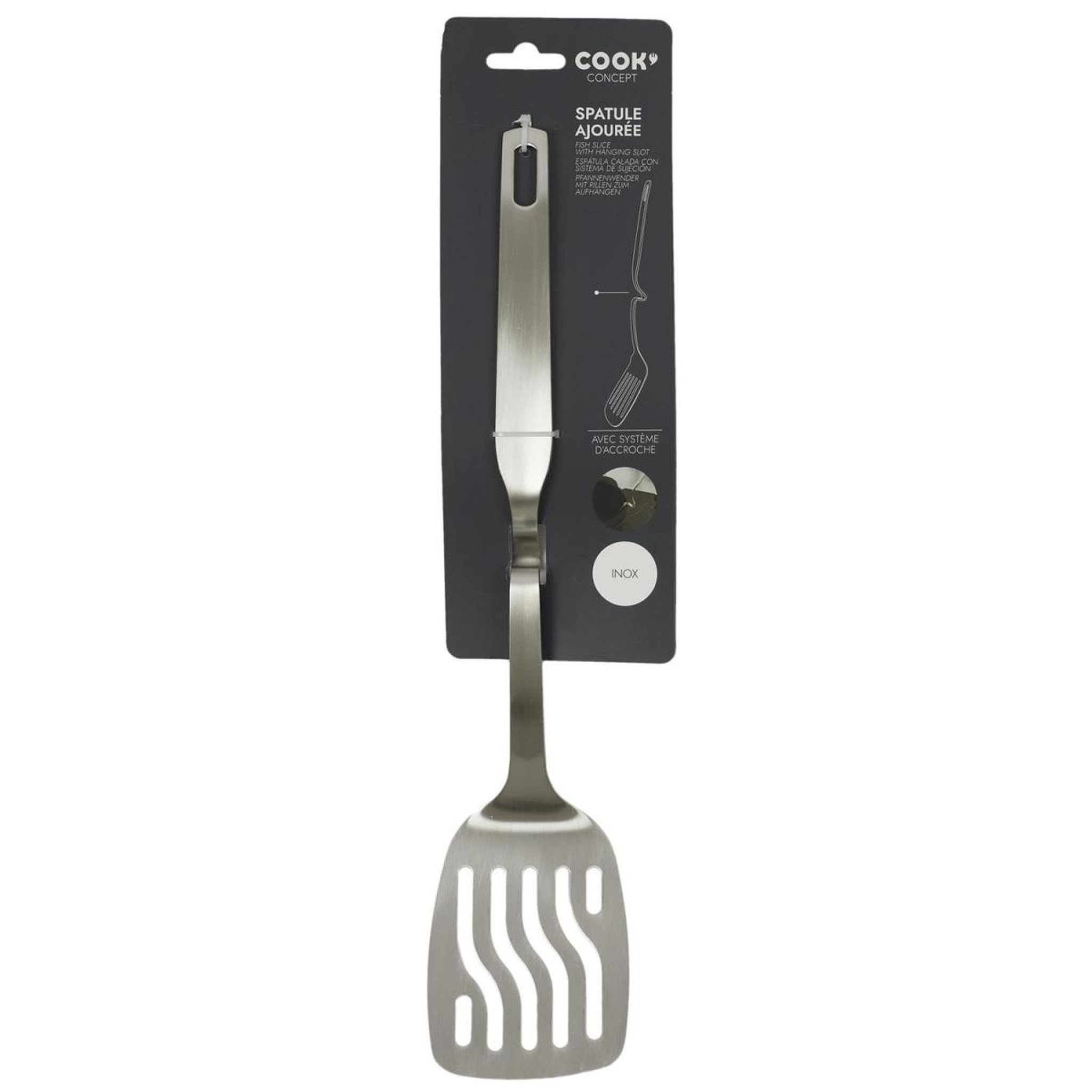 Voir la diapositive 4 : COOK CONCEPT Spatule Ajourée en Inox  Accroche  36cm Argent