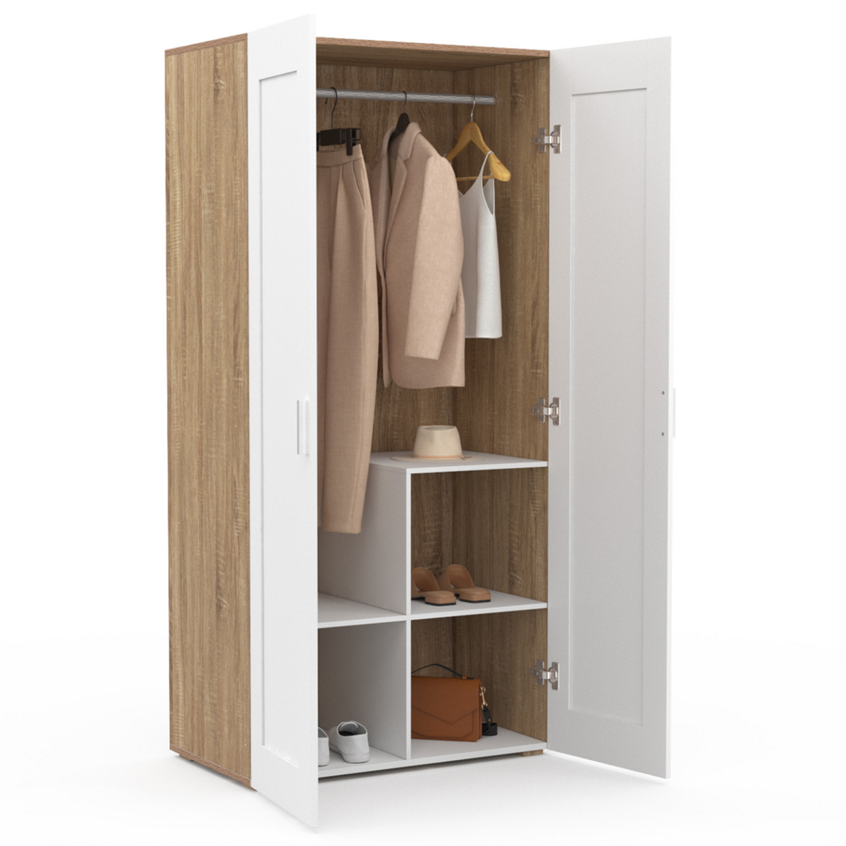 ID MARKET Armoire 2 portes VITO blanc et bois penderie 80 cm avec étagères rangement maxi capacité