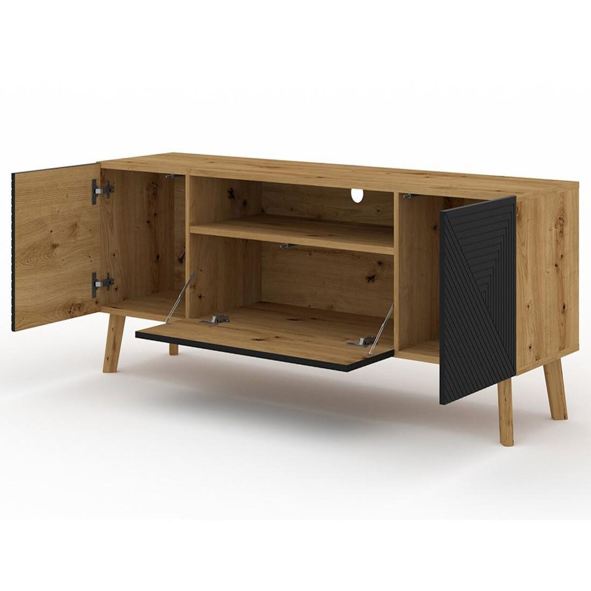 BEST MOBILIER Velato - meuble tv - effet bois et noir - 3 portes et 1 niche - 160 cm