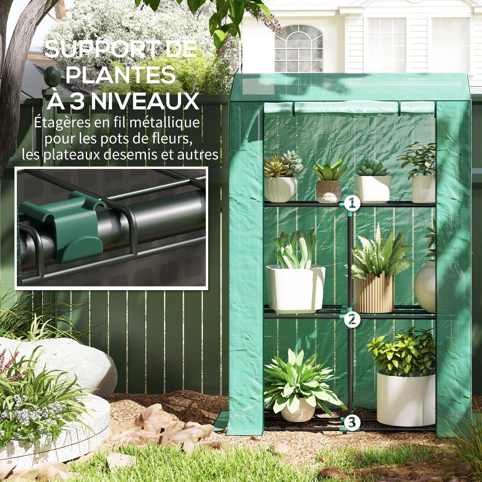 Voir la diapositive 4 : OUTSUNNY Serre de jardin balcon 3 étagères - porte enroulable zippée - 100 x 40 x 150 cm - acier pe vert