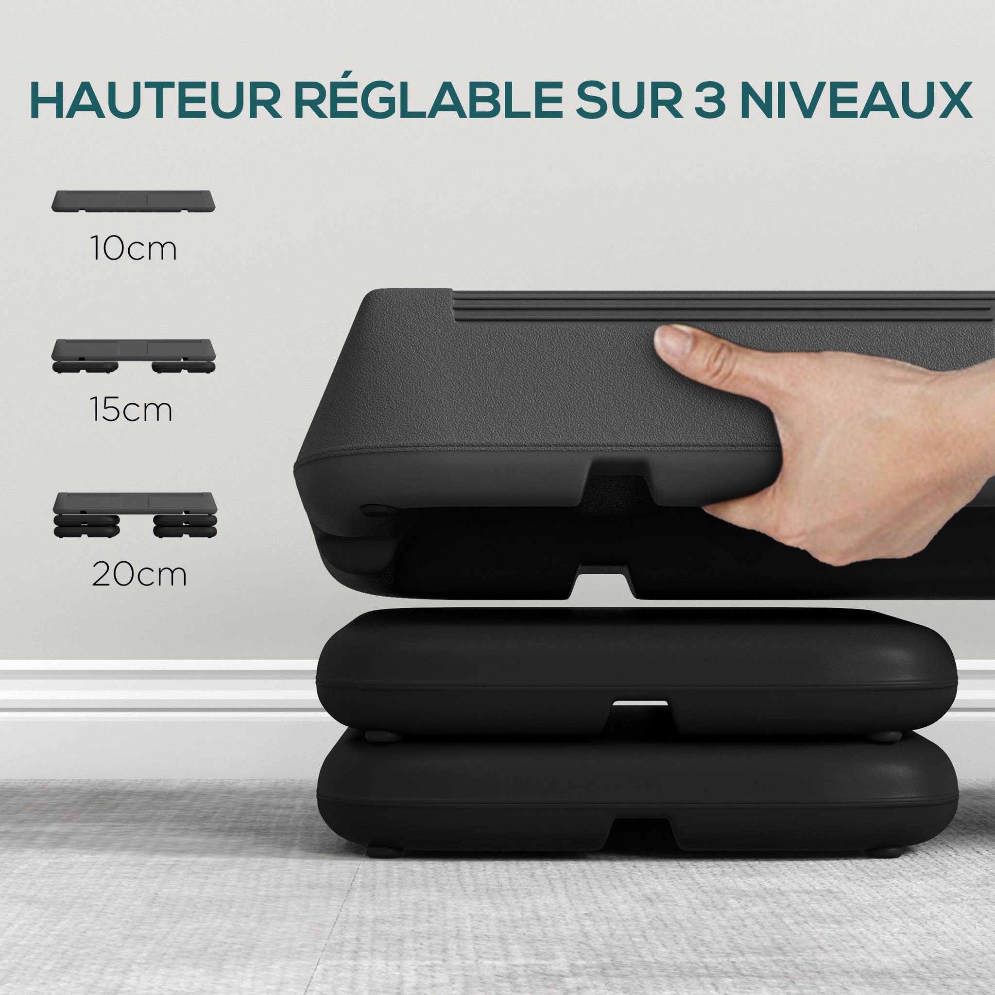 Voir la diapositive 4 : HOMCOM Stepper aérobic fitness hauteur réglable 3 niv. 10/15/20 cm surface antidérapante pe gris