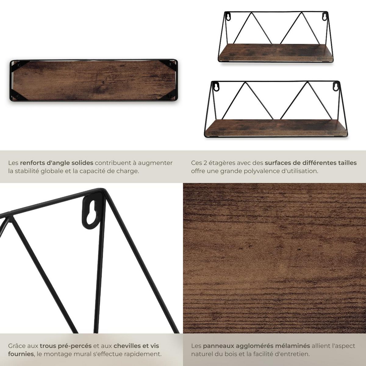 tectake Lot de 2 étagères murales style industriel Bois foncé industriel, rustique