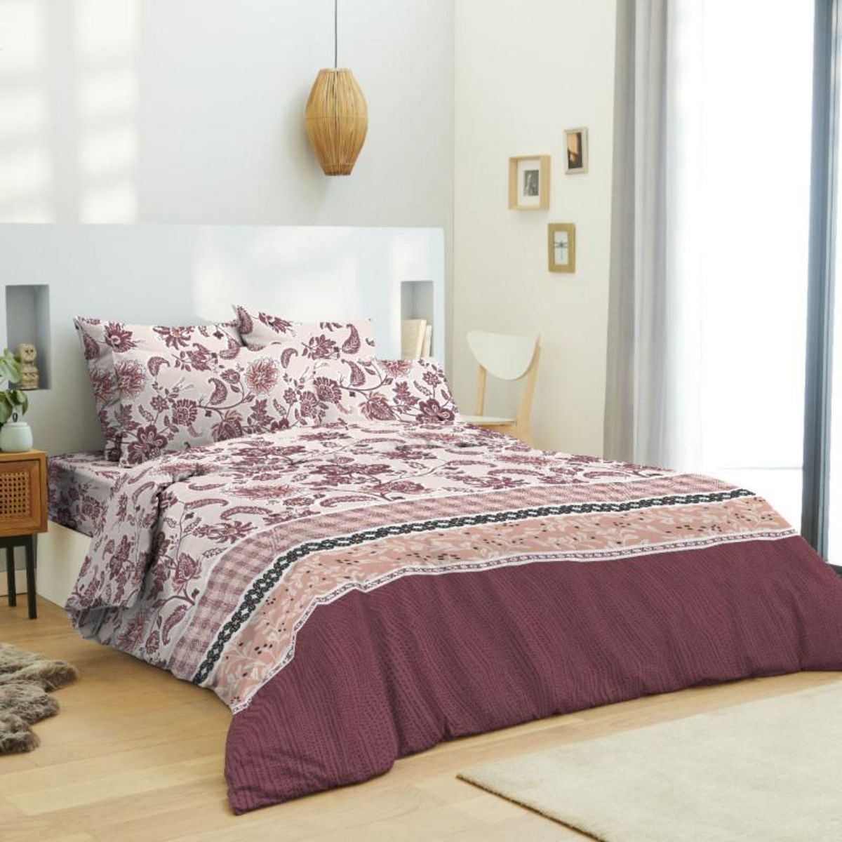 UNIVERS DECOR Pack complet housse de couette réversible pour lit 180 x 200 cm  King size  Cashemire bordeaux