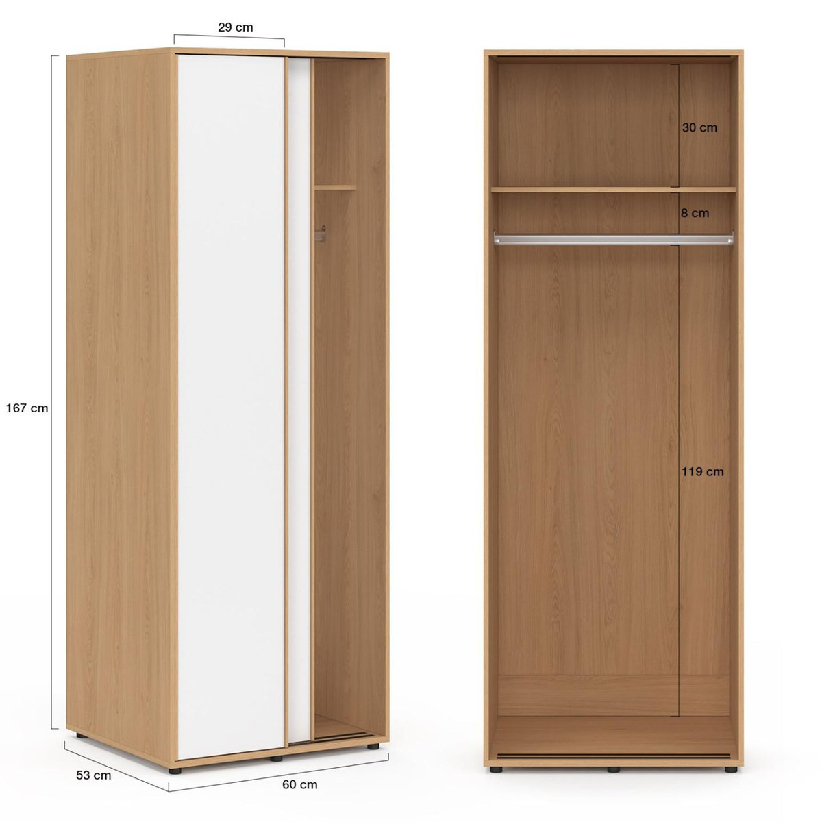ID MARKET Armoire 2 portes coulissantes SLIDEA bois et blanc 60 cm penderie avec étagère
