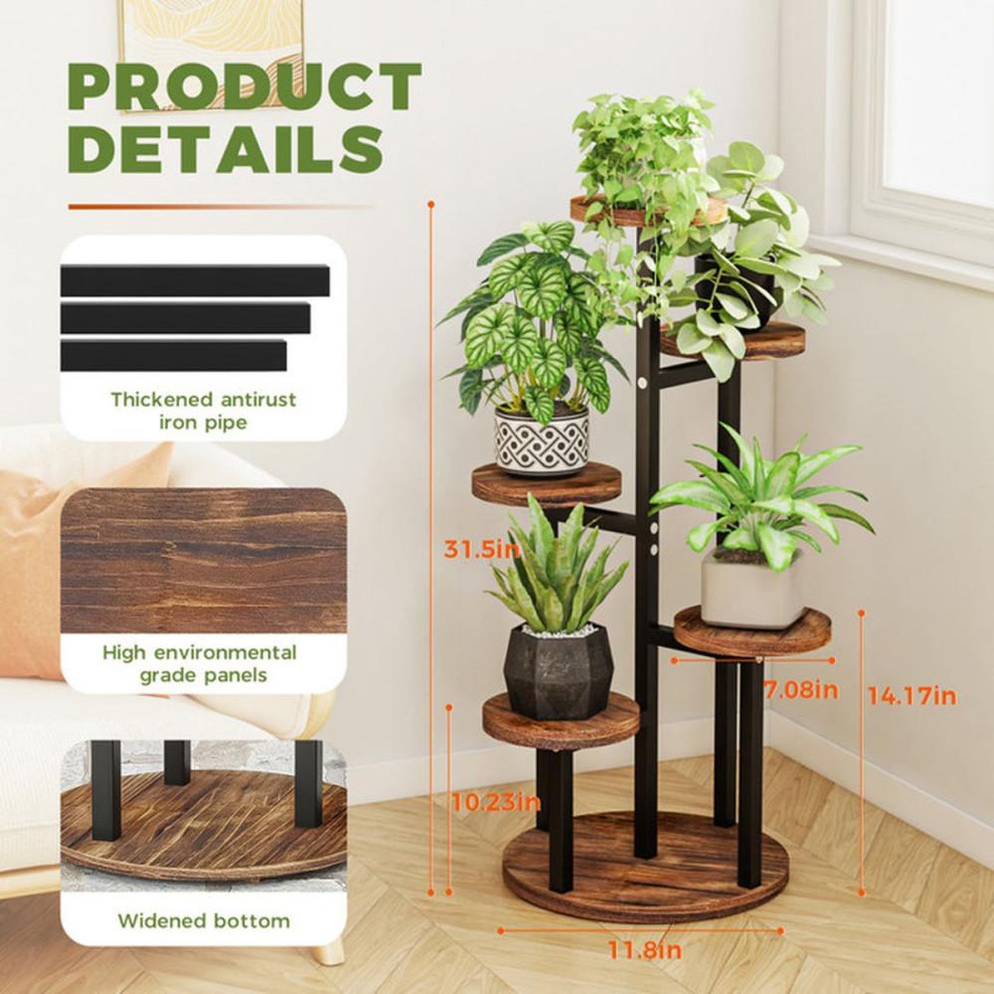 Voir la diapositive 4 : Support plante escalier 5 niveaux bois et métal, finition anti-moisissure jaune/marron