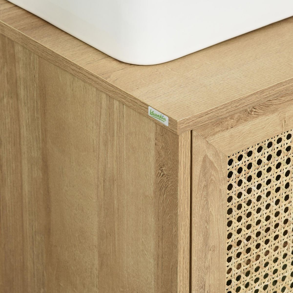 KLEANKIN Meuble salle de bain - meuble sous-vasque - 2 portes, étagère réglable - piètement acier noir rotin panneaux aspect chêne clair