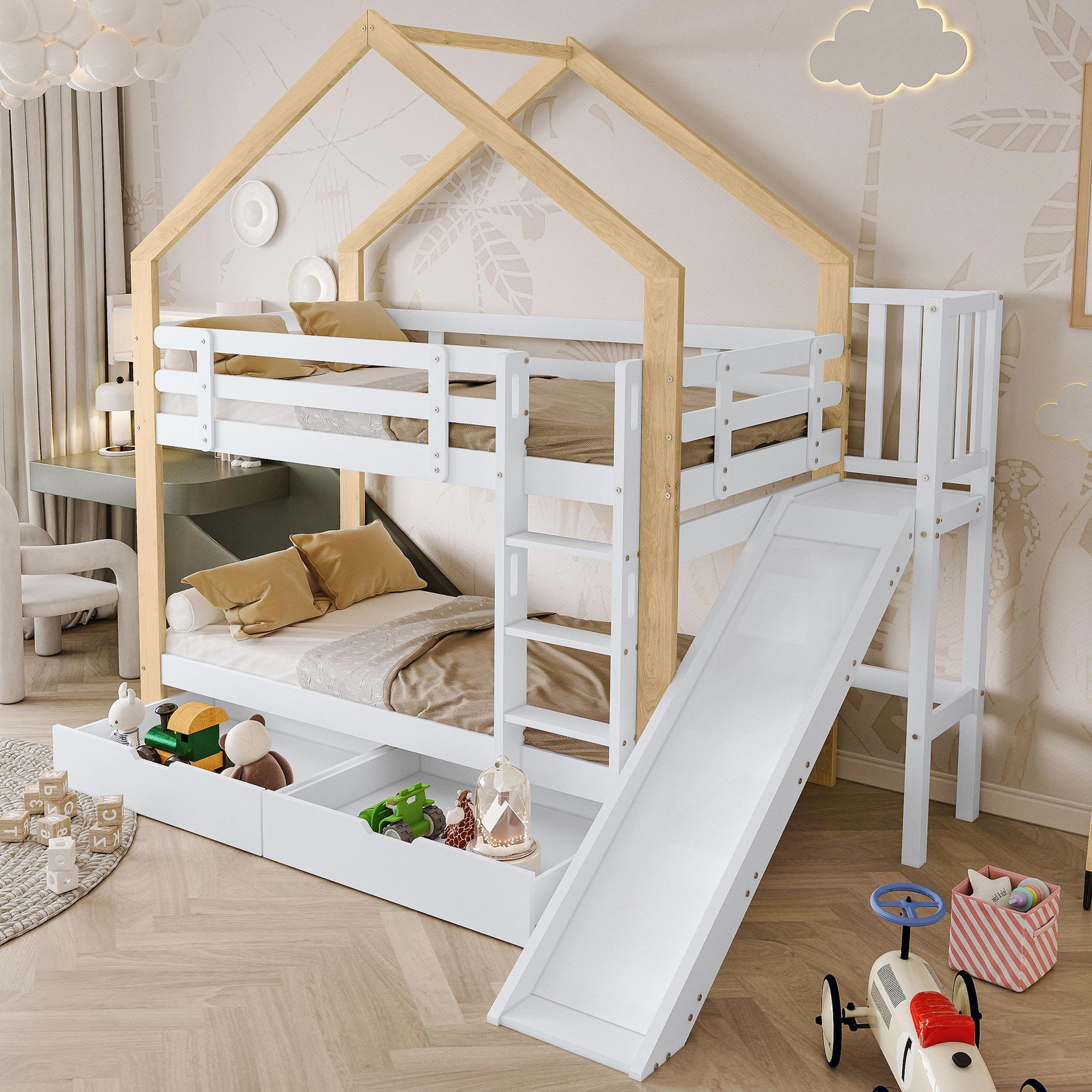 Voir la diapositive 5 : MERAX Lit superposé 90x200cm bois et mdf coloris blanc+naturel