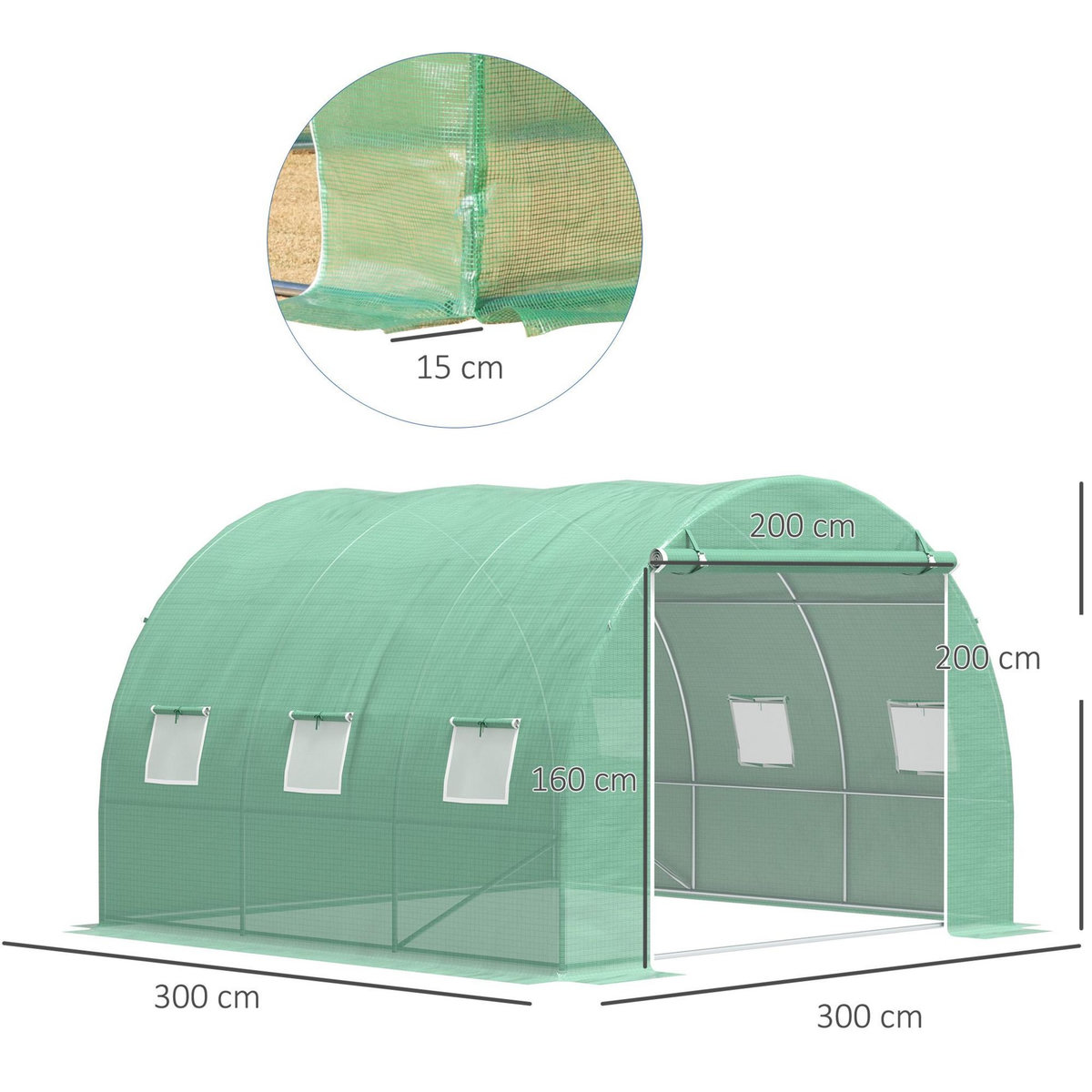 OUTSUNNY Serre tunnel 9 m² dim. 3 x 3 x 2 m - porte enroulable zippée, 6 fenêtres - acier galvanisé PE haute densité vert