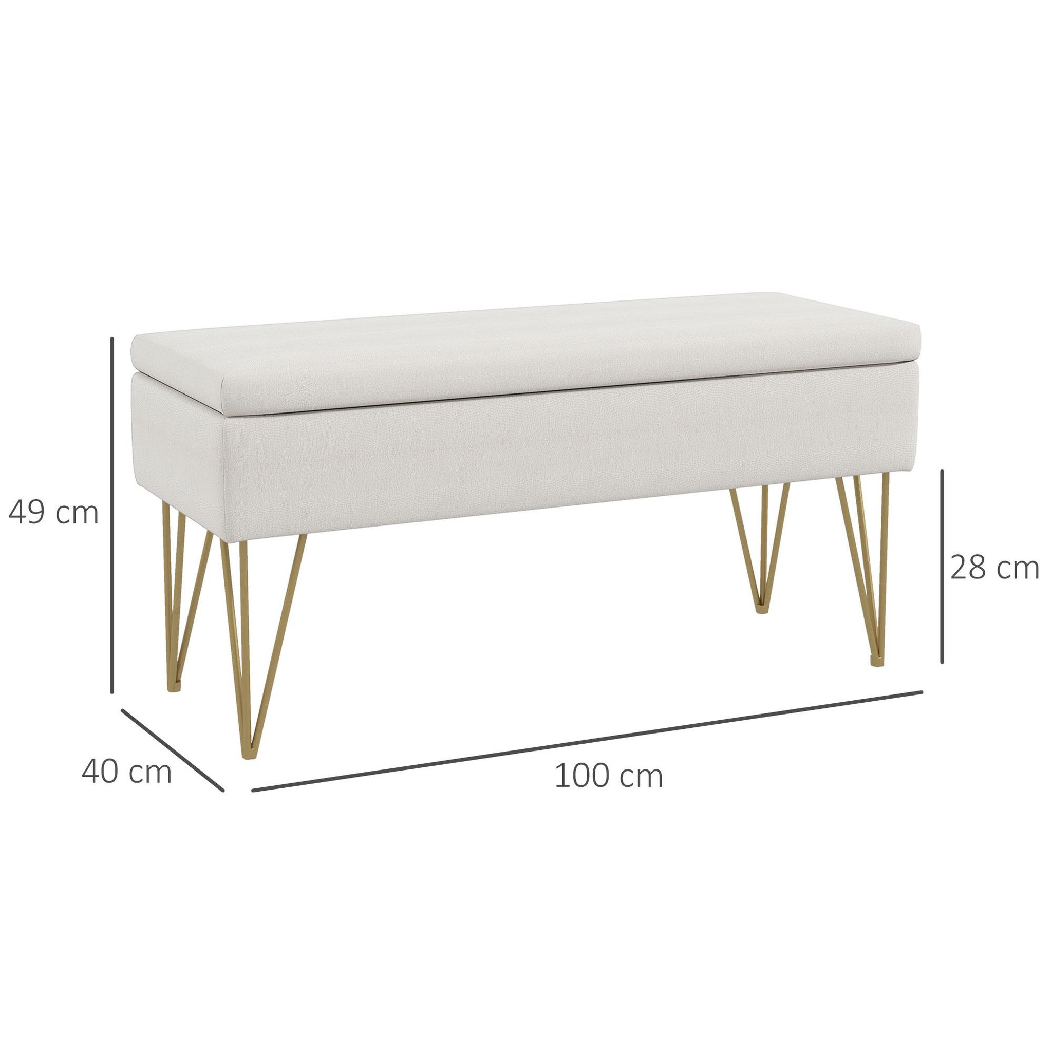 Voir la diapositive 3 : HOMCOM Banquette coffre de rangement 2 en 1 design art déco - piètement épingle acier doré tissu crème