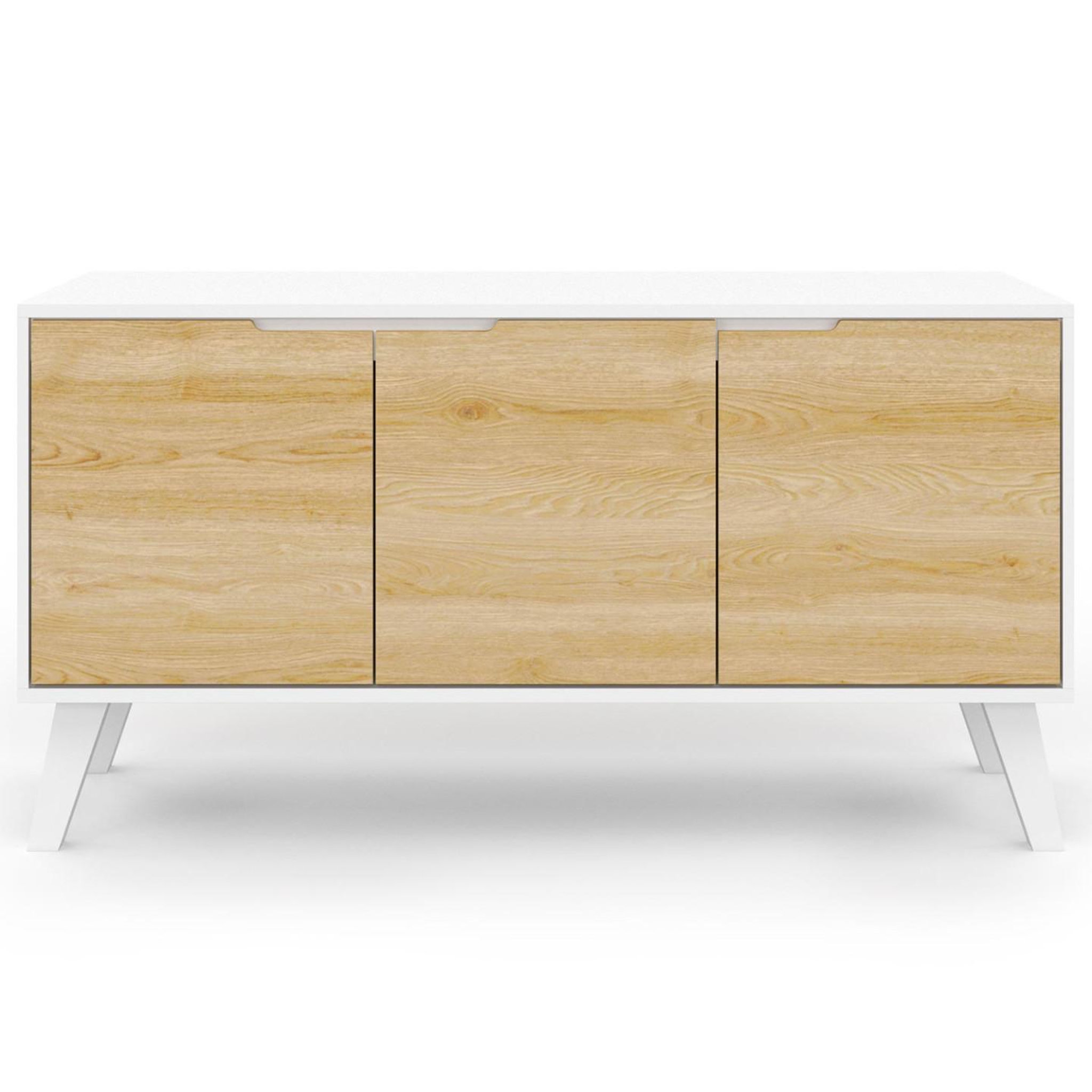 Voir la diapositive 3 : ID MARKET Buffet bas scandinave 113 cm finn 3 portes blanc et façon hêtre