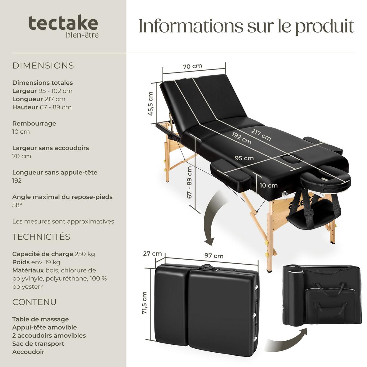 tectake Table de massage portable et pliante à 3 zones largeur 70 cm et rembourrage 10 cm noir