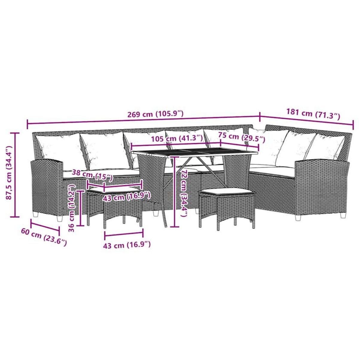 VIDAXL Salon de jardin 4 pcs avec coussins forme L gris resine tressee
