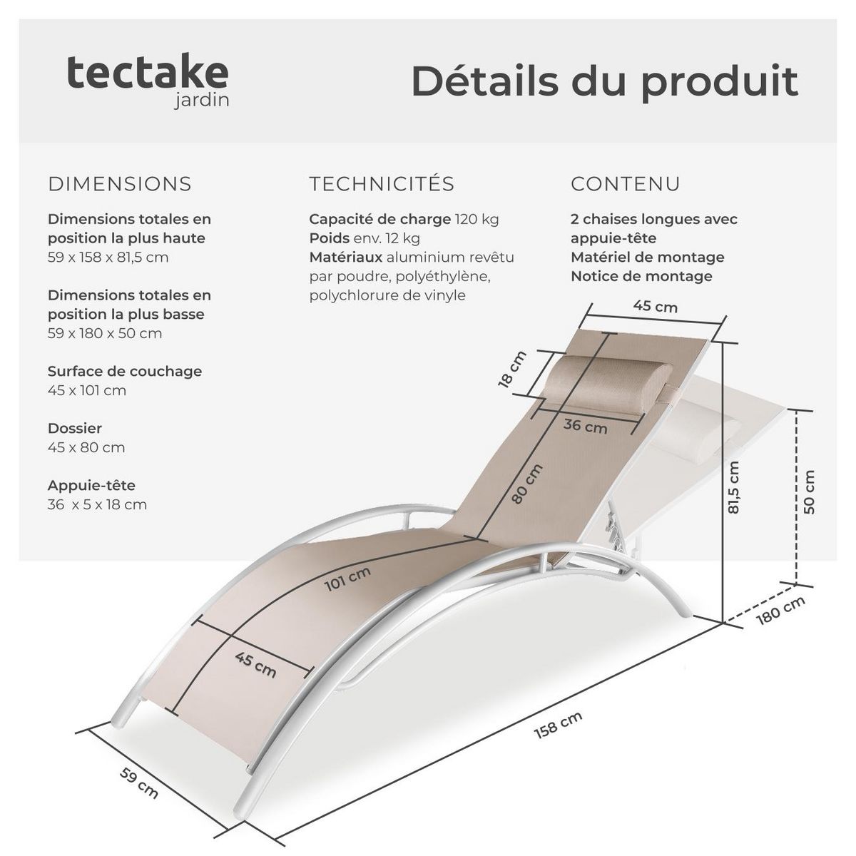 tectake Lot de 2 transats de jardin en acier avec assise en textilène beige
