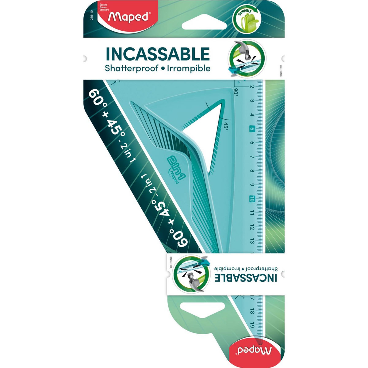 MAPED Equerre en plastique incassable 2en1 60°/45° 21cm coloris aléatoire