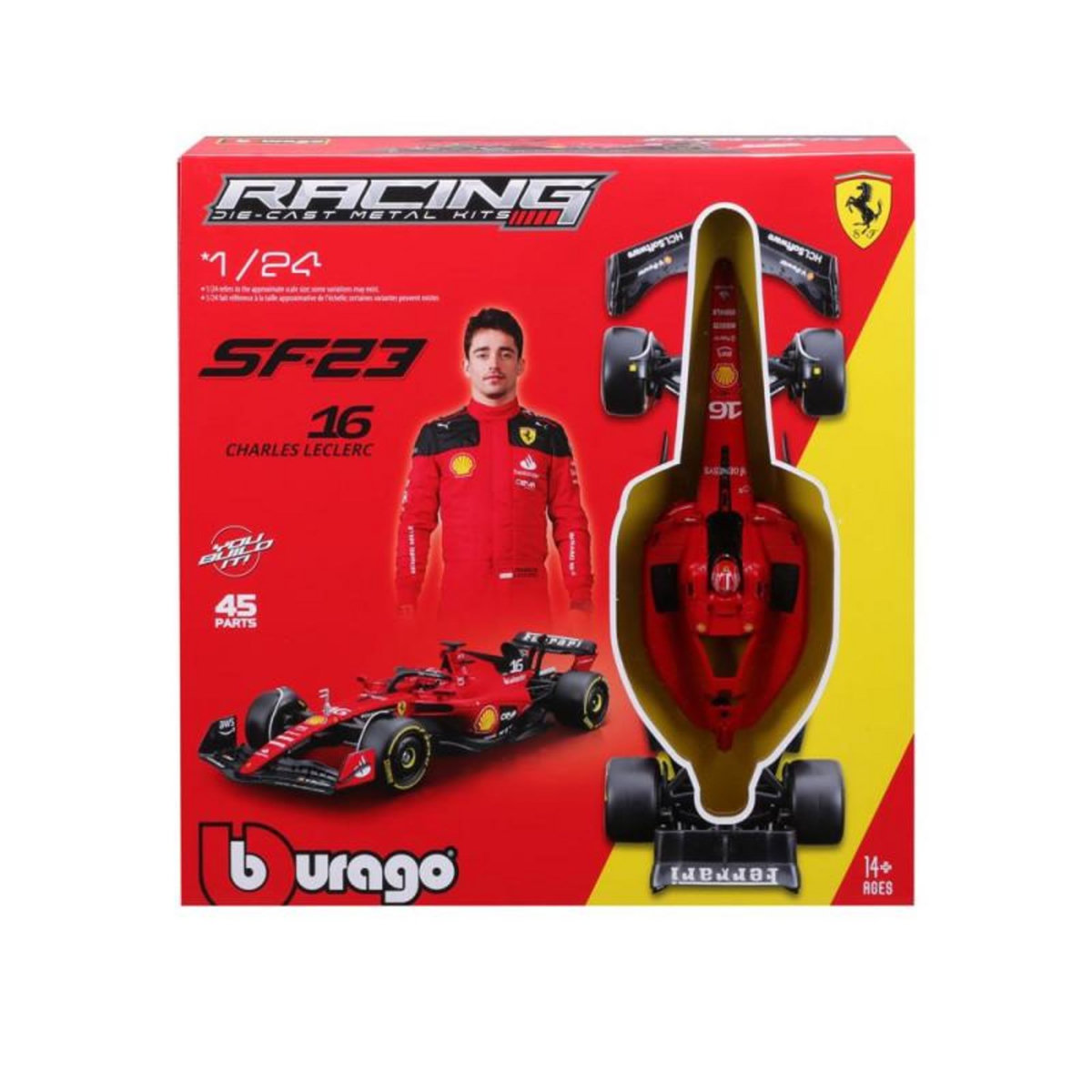 BBurago Voiture Bburago Kit à monter Racing F1 SF 2023 avec casque et support Ferrari Leclerc