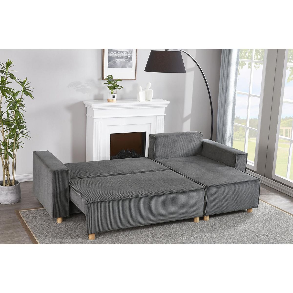 CONCEPT USINE Canapé convertible d'angle réversible 4 places velours côtelé gris COSY