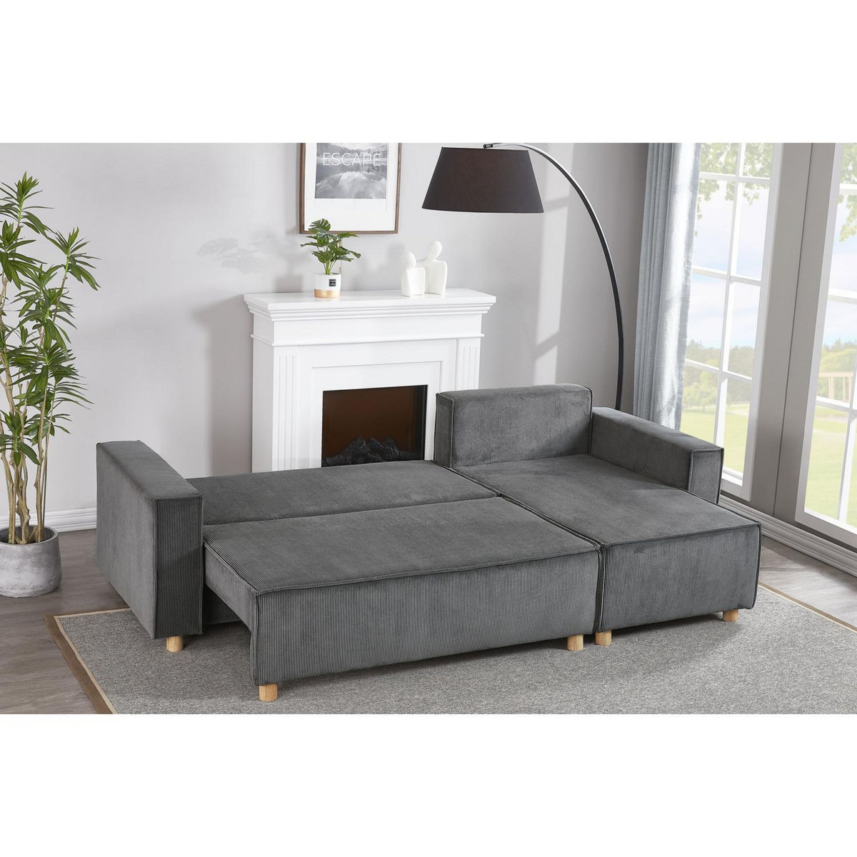 CONCEPT USINE Canapé convertible d'angle réversible 4 places velours côtelé gris COSY