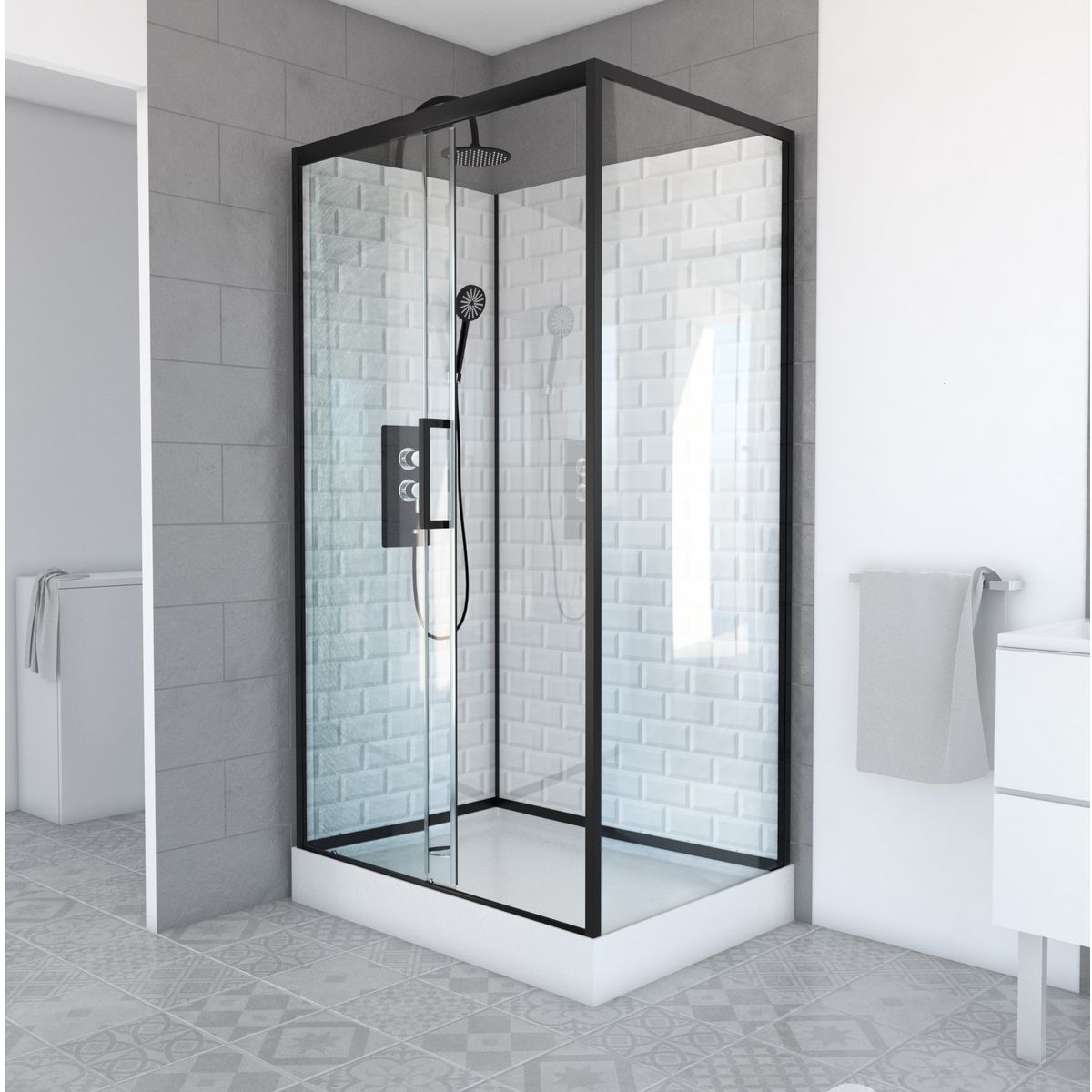 Aurlane Cabine de douche rectangle à motif carreaux de métro blanc 80x110 cm