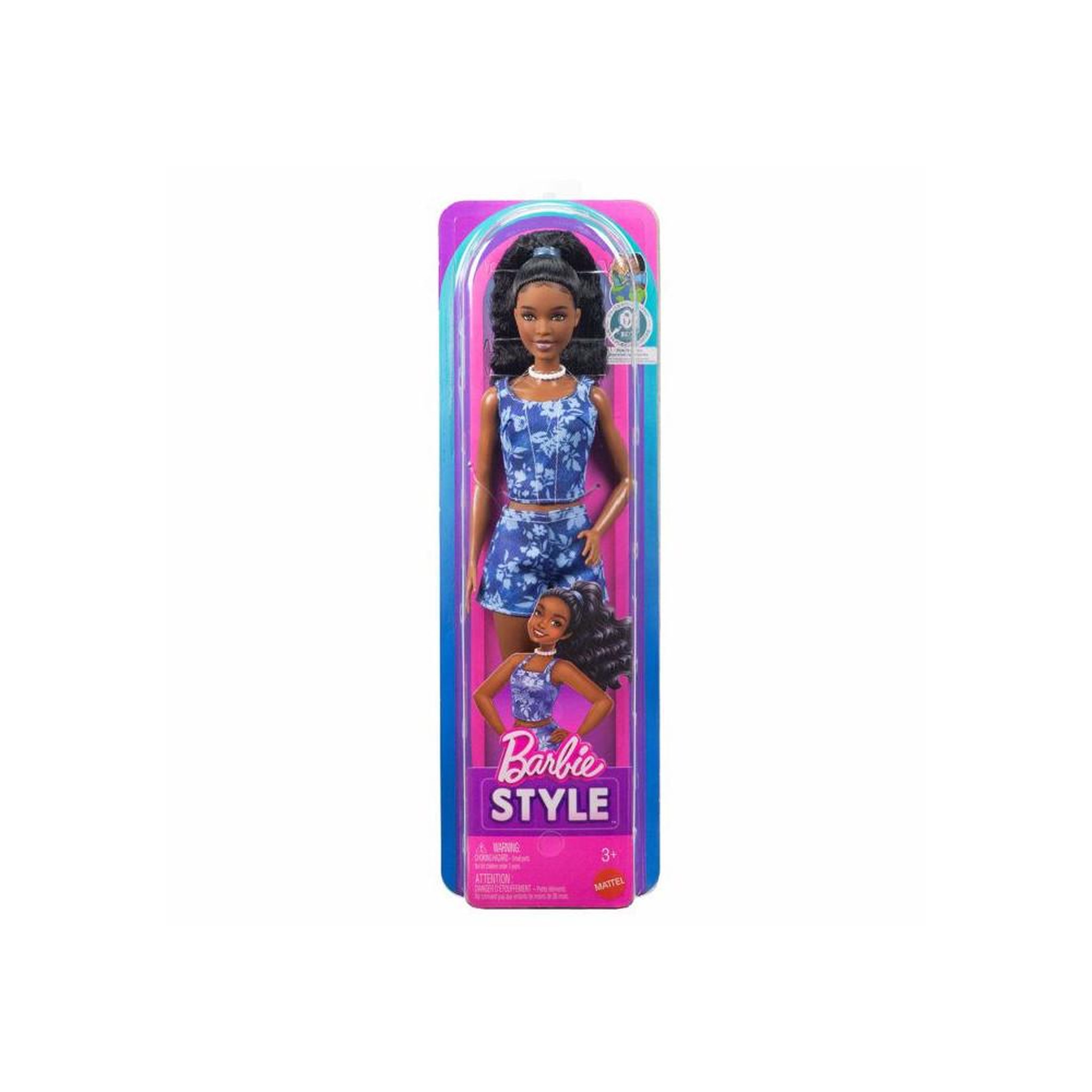MATTEL Poupée mannequin barbie fashionistas jjn61 tenue denim floral bleue et bottes à plateforme argentées