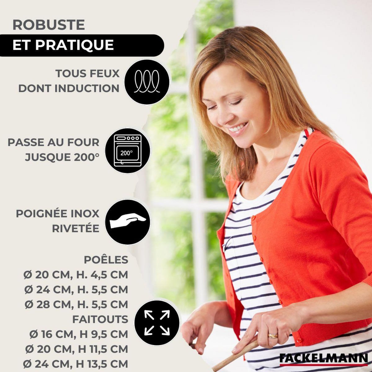 Fackelmann Set 3 poêles 20 24 28 cm en inox, 3 couvercles verre, 3 faitouts inox 16, 20 et 24 cm et 6 ustensiles RPET Fackelmann Eterna