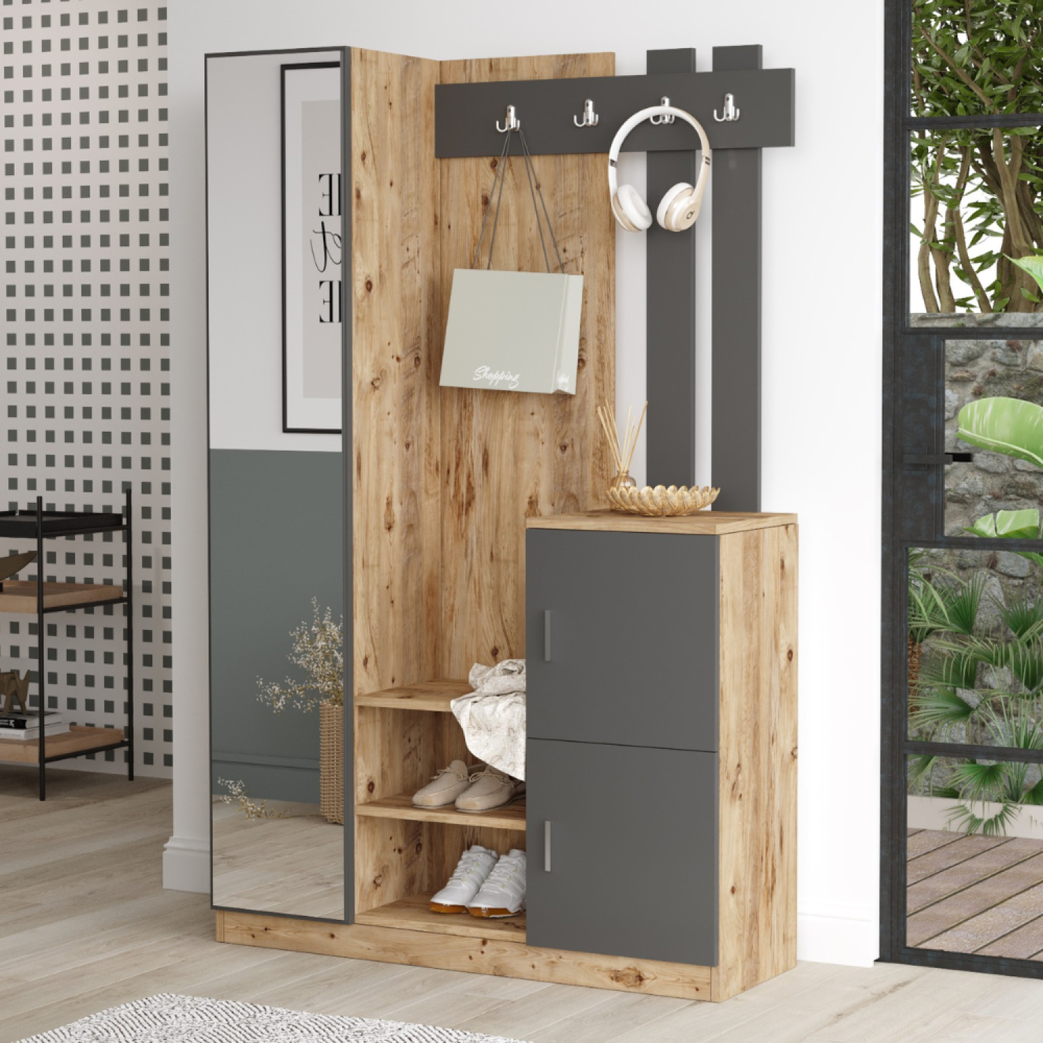 Voir la diapositive 5 : CONCEPT USINE Meuble d'entrée design bois et gris miroir ANKA