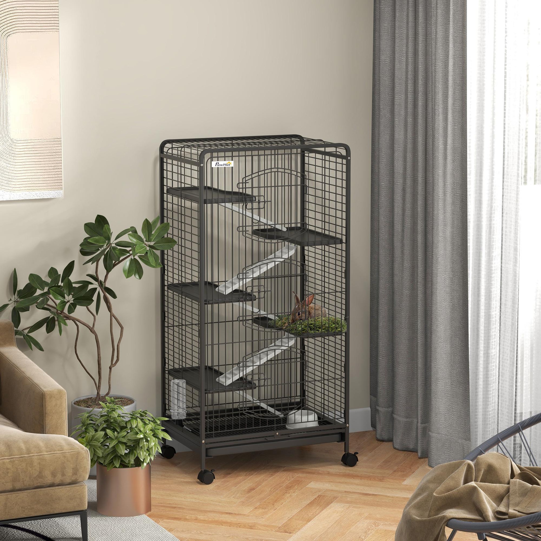 Voir la diapositive 2 : PAWHUT Cage pour petits animaux roulante 5 rampes 5 plateformes gamelle distributeur eau plateau amovible métal PP noir