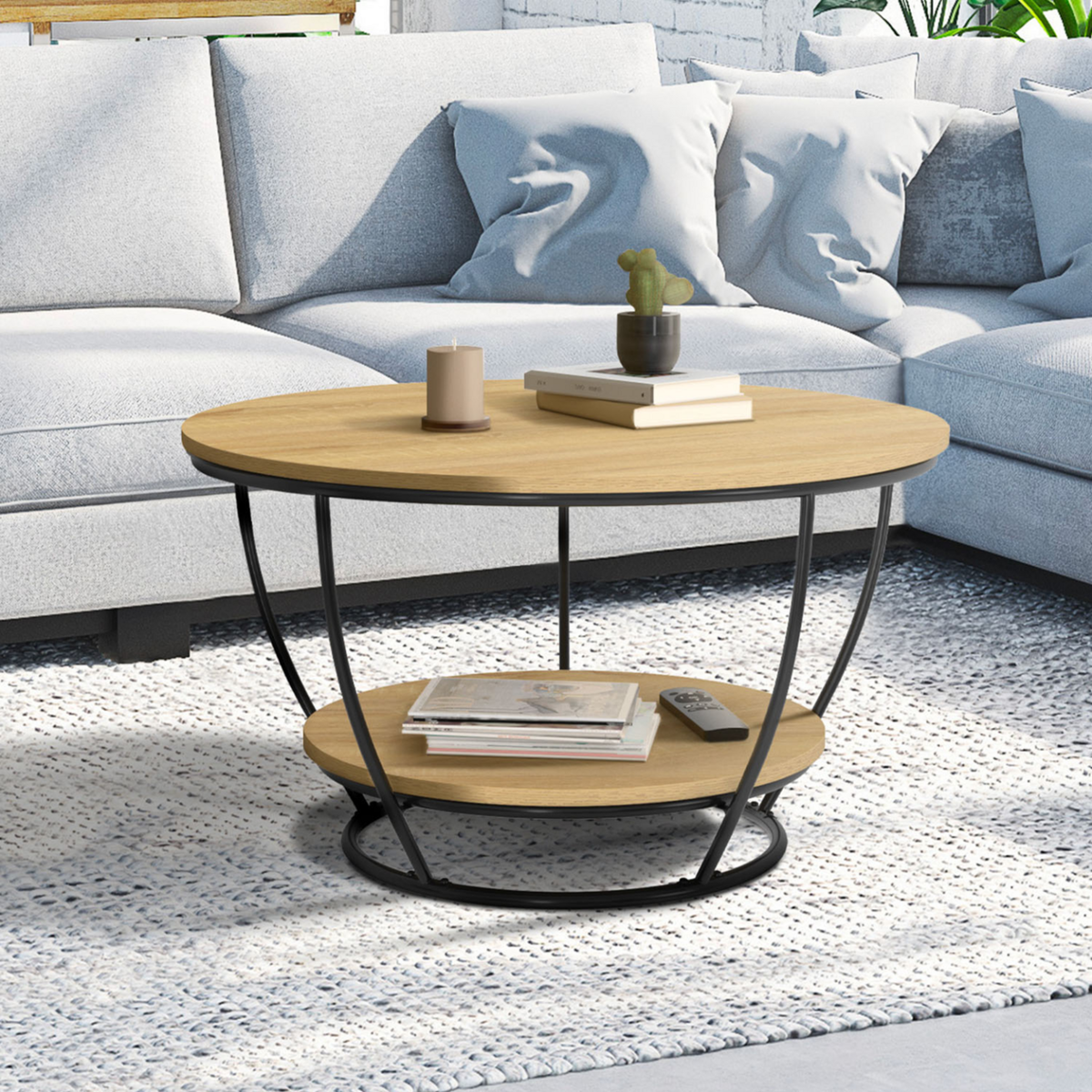 ID MARKET Table basse filaire double plateau ronde DETROIT 70 cm design industriel