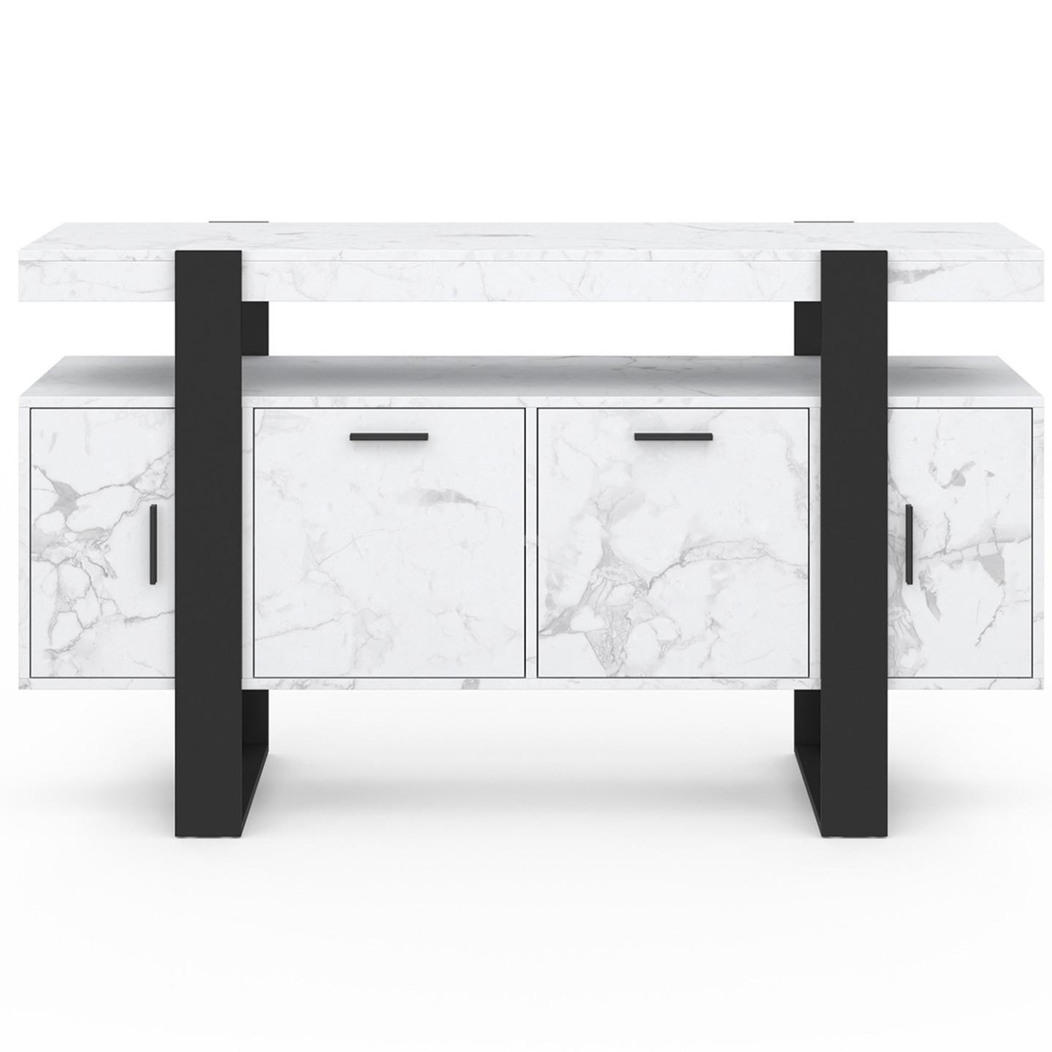 Voir la diapositive 3 : ID MARKET Buffet 140 cm PHOENIX 4 portes effet marbre blanc ALASKA et noir