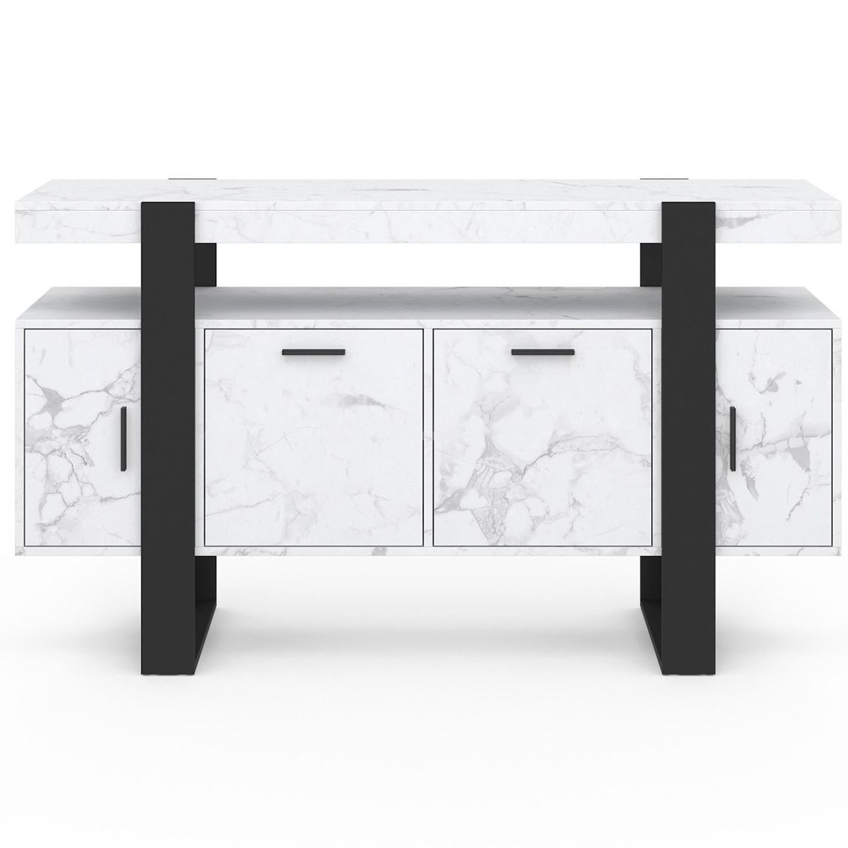 ID MARKET Buffet 140 cm PHOENIX 4 portes effet marbre blanc ALASKA et noir