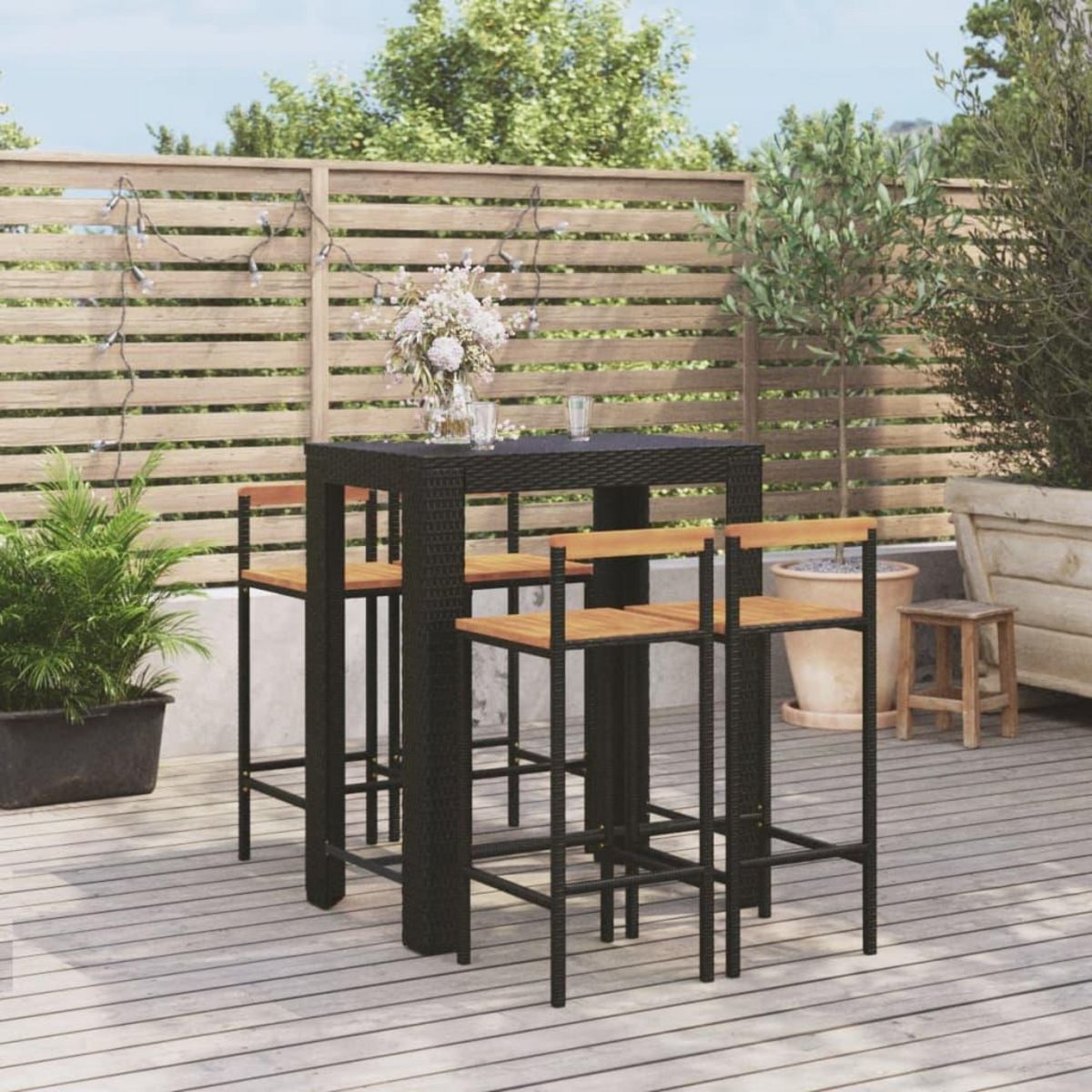 VIDAXL Ensemble de bar jardin 5 pcs noir poly rotin/bois massif acacia