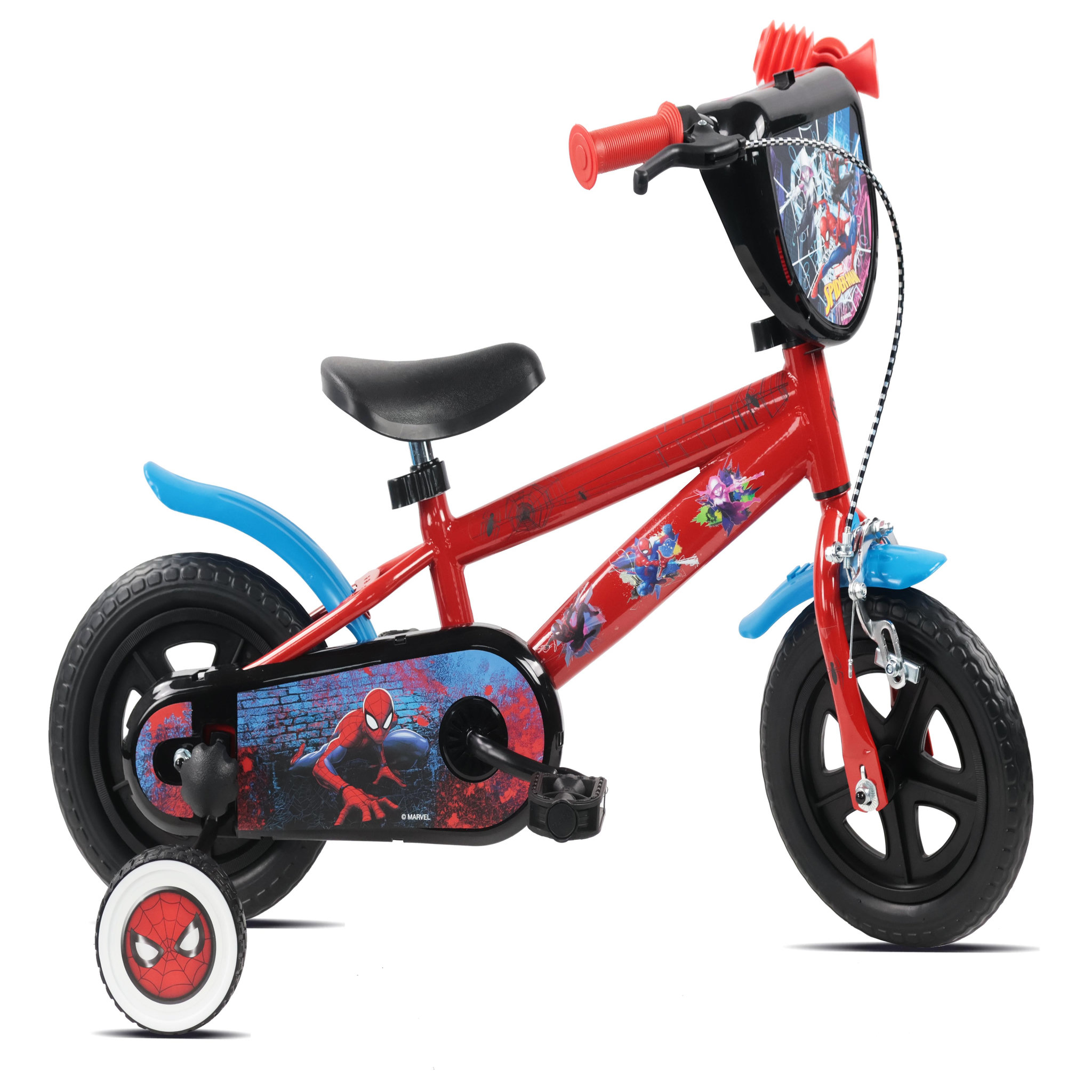 Spiderman Vélo enfant 10'' spiderman avec 1 frein, plaque avant décorative , bidon arrière, stabilisateurs & pneus increuvables