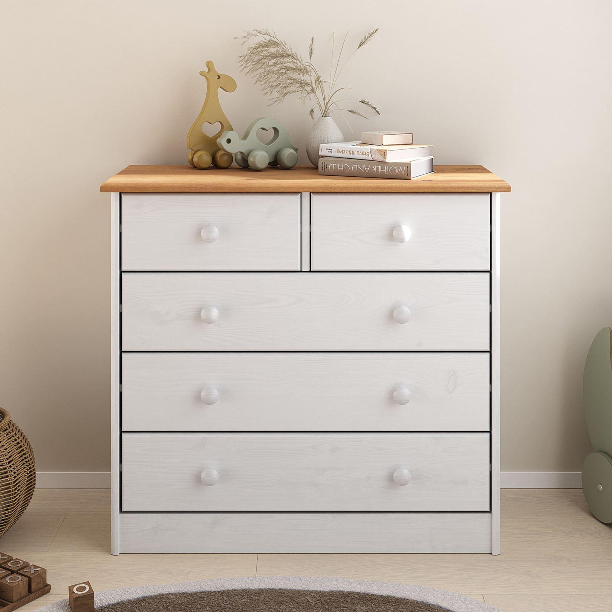 Voir la diapositive 2 : IDIMEX Commode en pin RONDO, 2+3 tiroirs