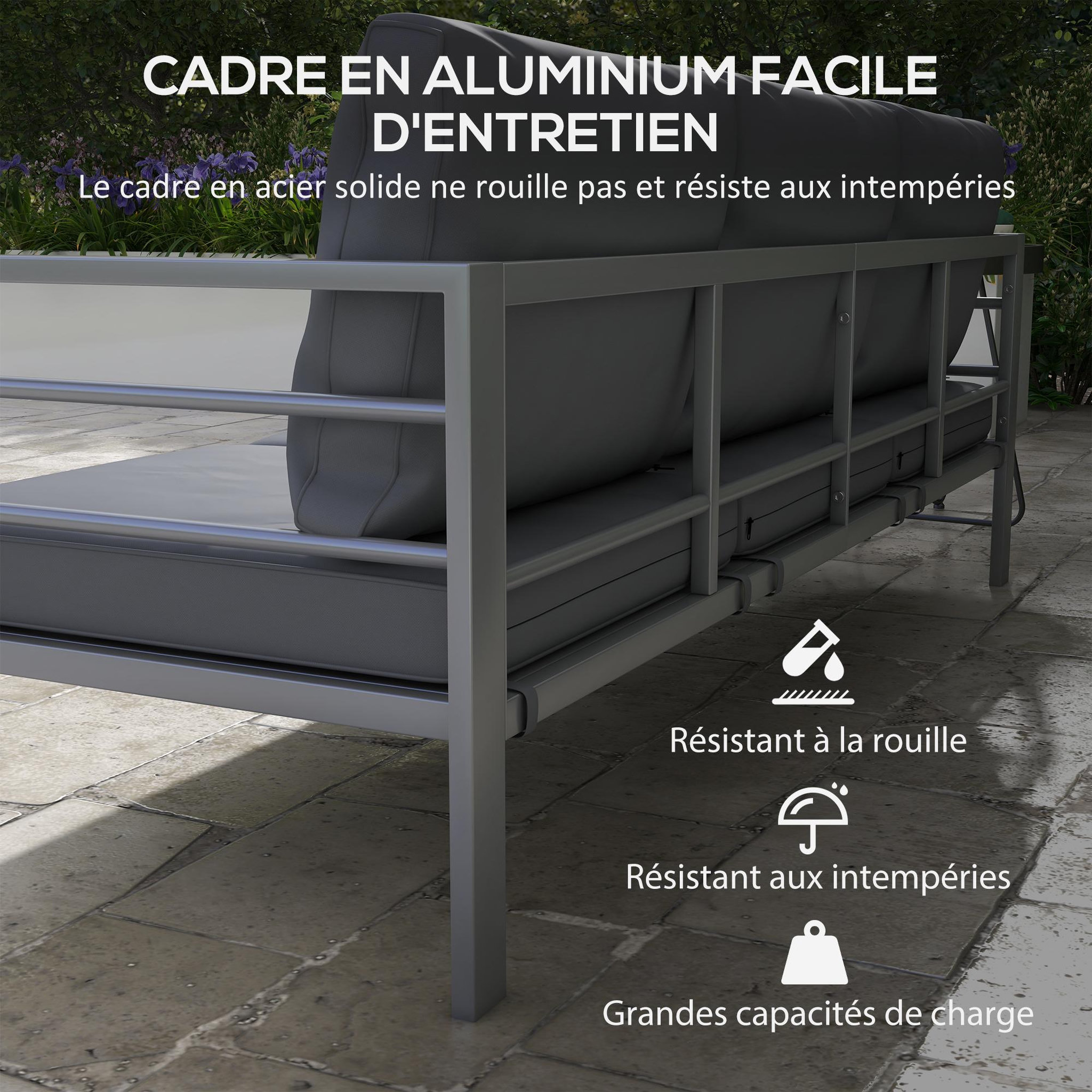 Voir la diapositive 4 : OUTSUNNY Canapé de jardin 3 places design contemporain - dim. 185L x 66l x 64H cm - 6 coussins inclus - alu polyester gris