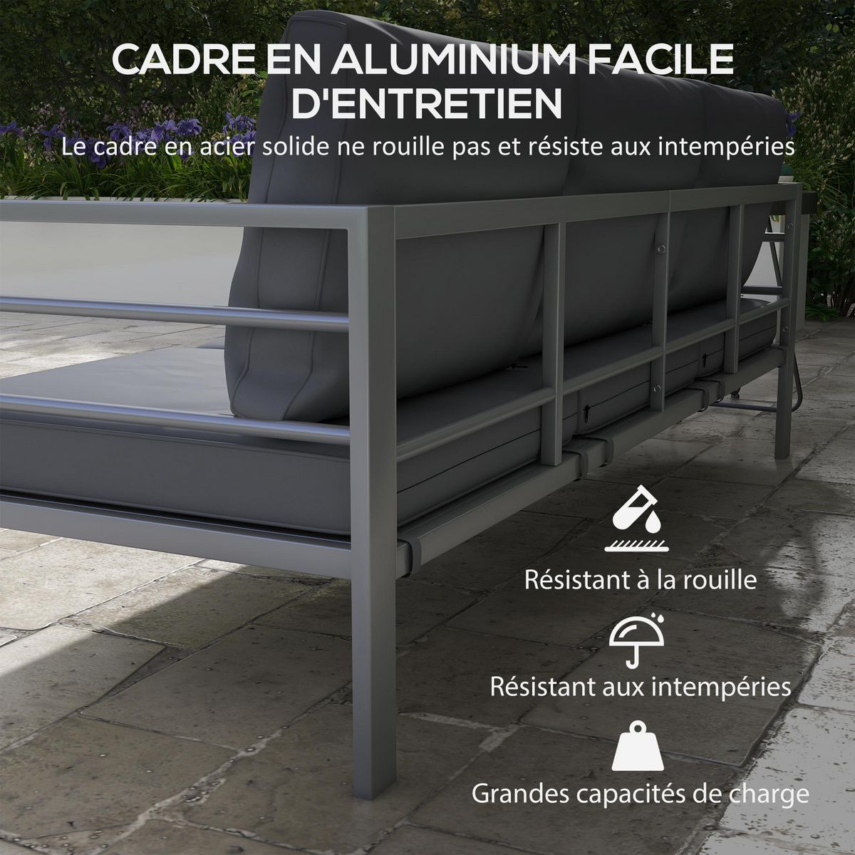 OUTSUNNY Canapé de jardin 3 places design contemporain - dim. 185L x 66l x 64H cm - 6 coussins inclus - alu polyester gris