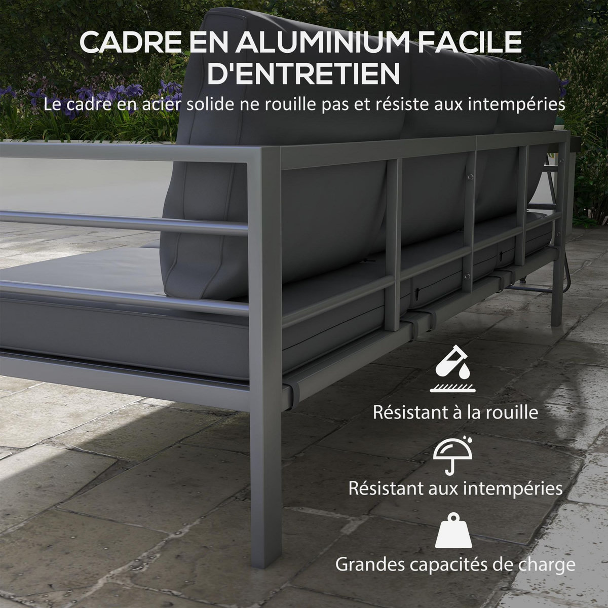 OUTSUNNY Canapé de jardin 3 places design contemporain - dim. 185L x 66l x 64H cm - 6 coussins inclus - alu polyester gris