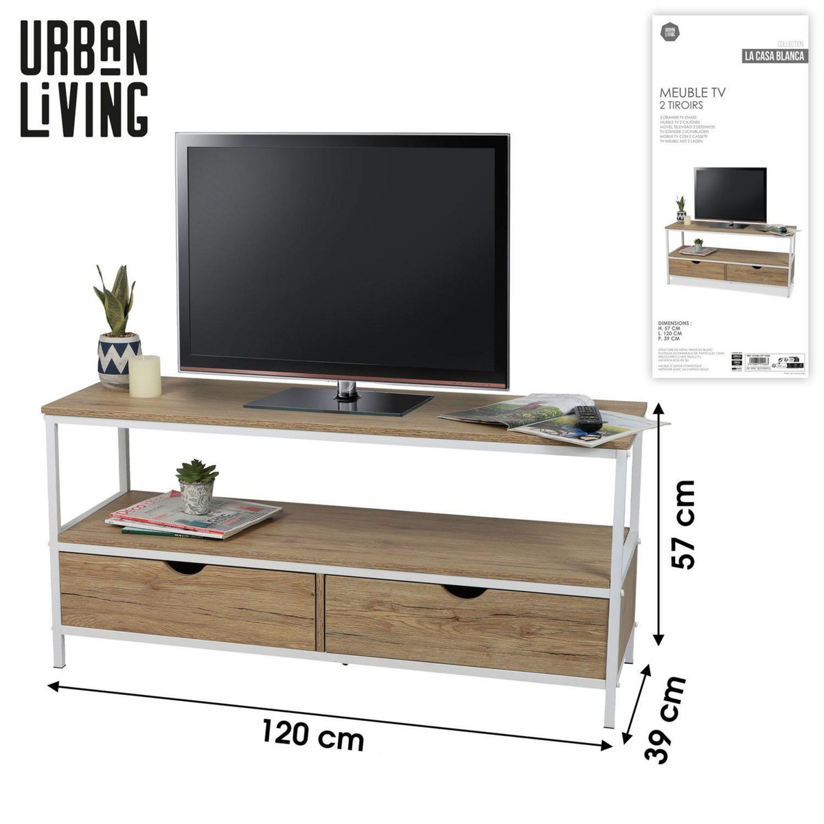 TOILINUX Meuble TV Casa Blanca en Panneaux de particules et Métal 2 tiroirs - L.120 cm x H.57 cm - Beige et Blanc