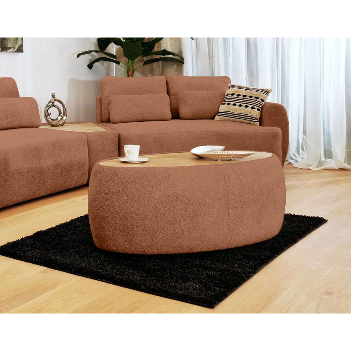 BEST MOBILIER Mahina - table basse ovale - en tissu bouclette et plateau effet bois - 114 cm