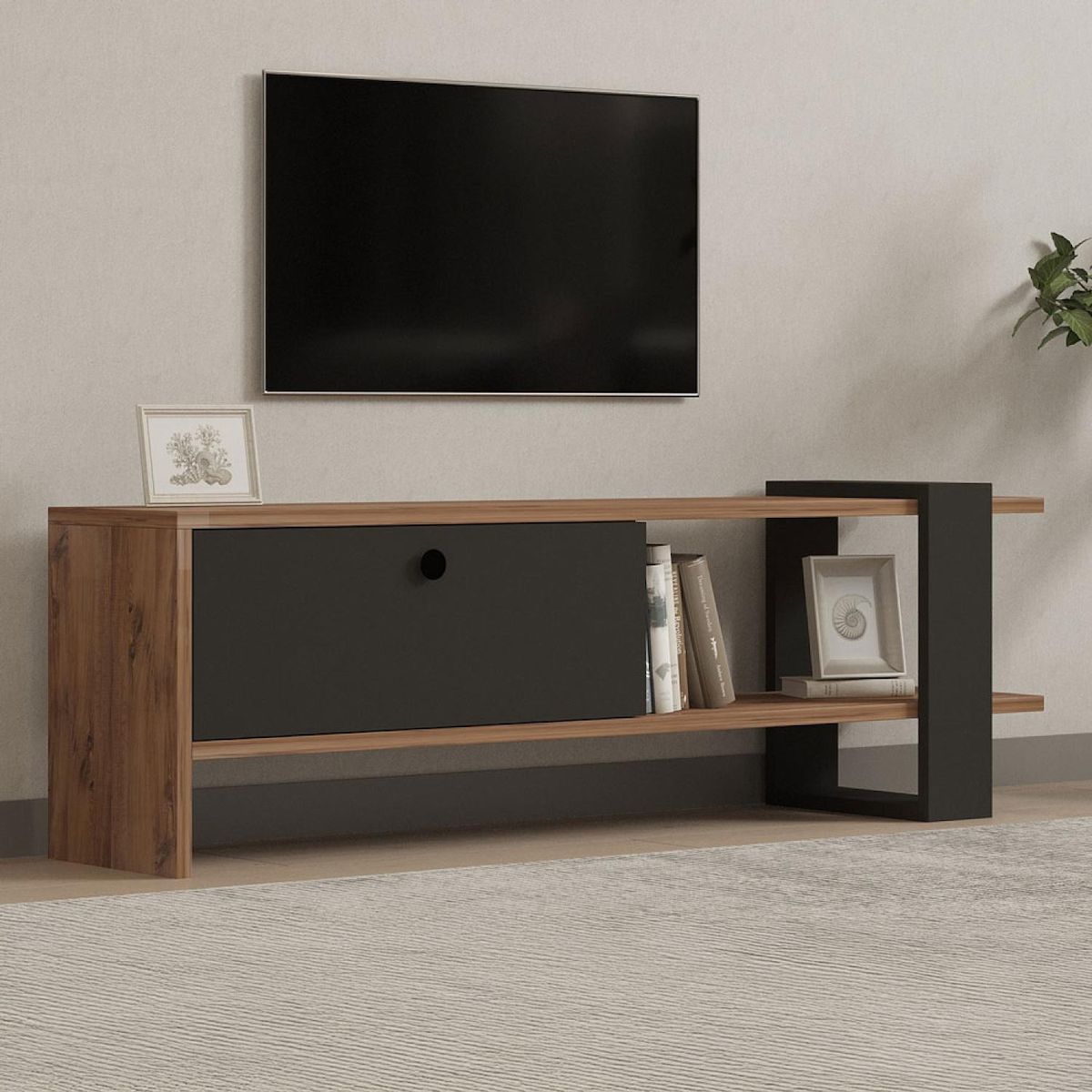 CONCEPT USINE Meuble TV asymétrique gris anthracite avec placard aspect bois 120cm OVA