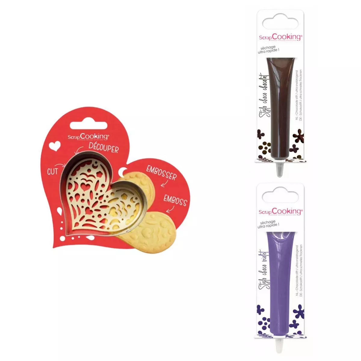 SCRAPCOOKING Kit pour biscuit en relief Coeur + 2 Stylos au chocolat marron et violet